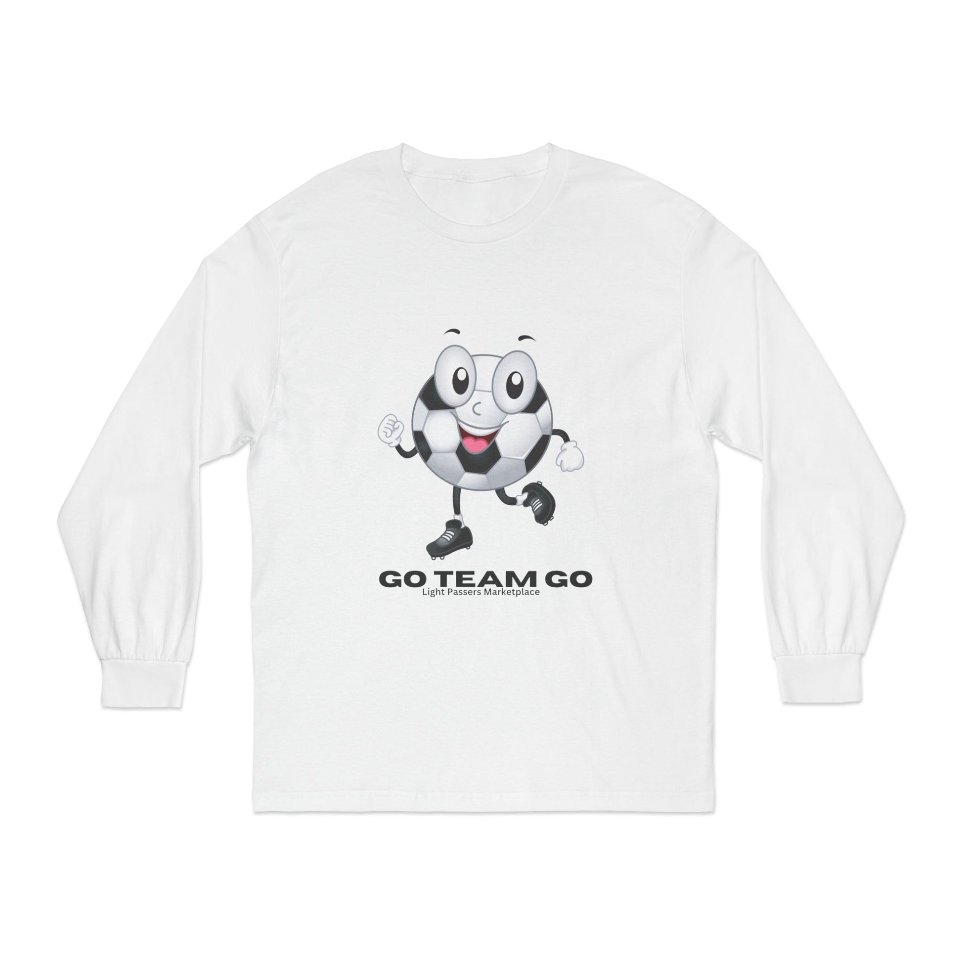 Soccer Ball Long Sleeve - Go Team Go Design Adult Unisex T-shirt featuring a cartoon soccer ball character with GO TEAM GO slogan, perfect for sports fans.