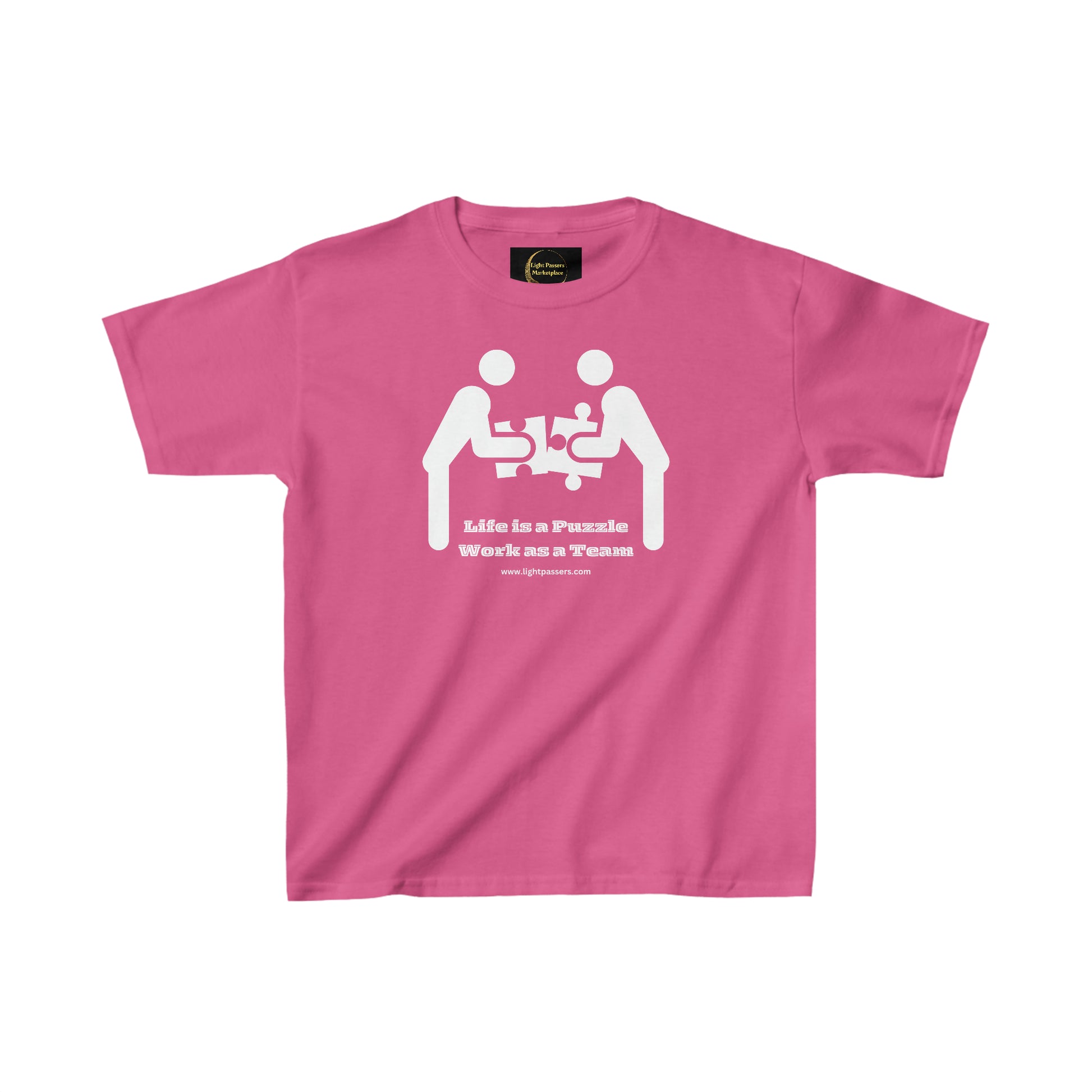 Youth t-shirt featuring Life is a Puzzle Work with a Team text. Pink shirt with white print. 100% cotton, tear-away label, classic fit. Ideal for everyday wear.