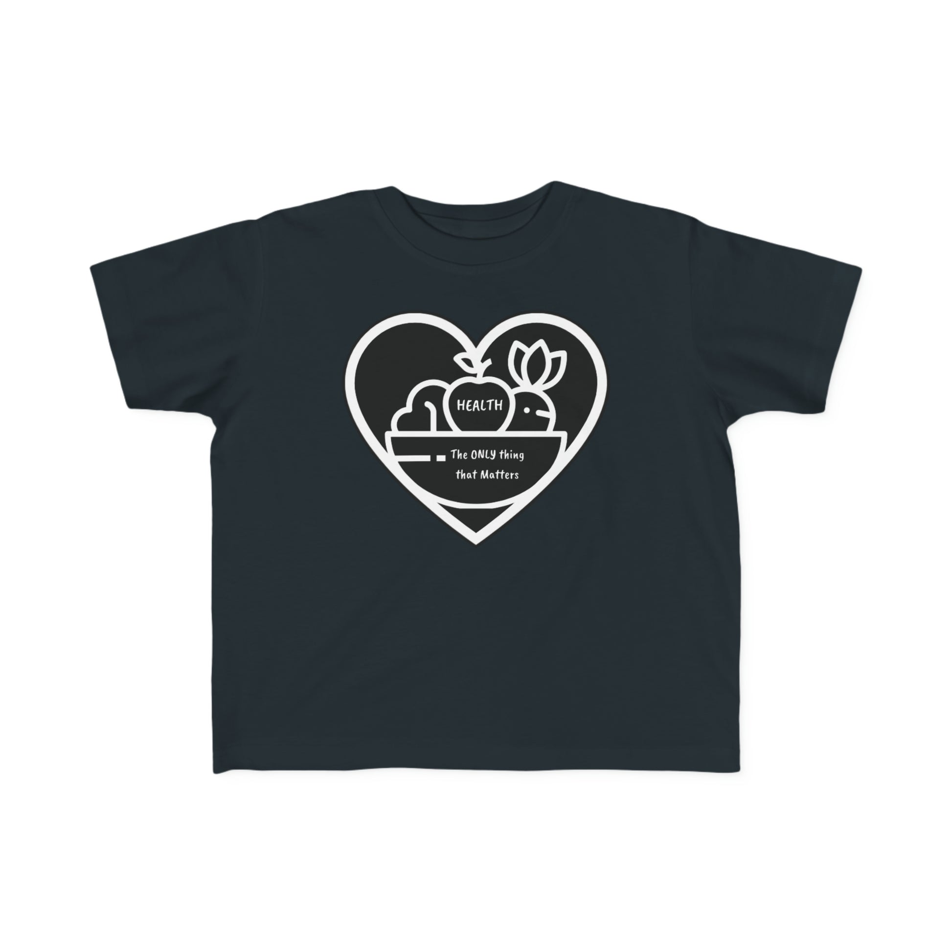 A toddler's black tee featuring a heart and fruit design. Made of soft, durable cotton with a high-quality print. Ideal for sensitive skin, offering comfort and style for little ones' adventures.