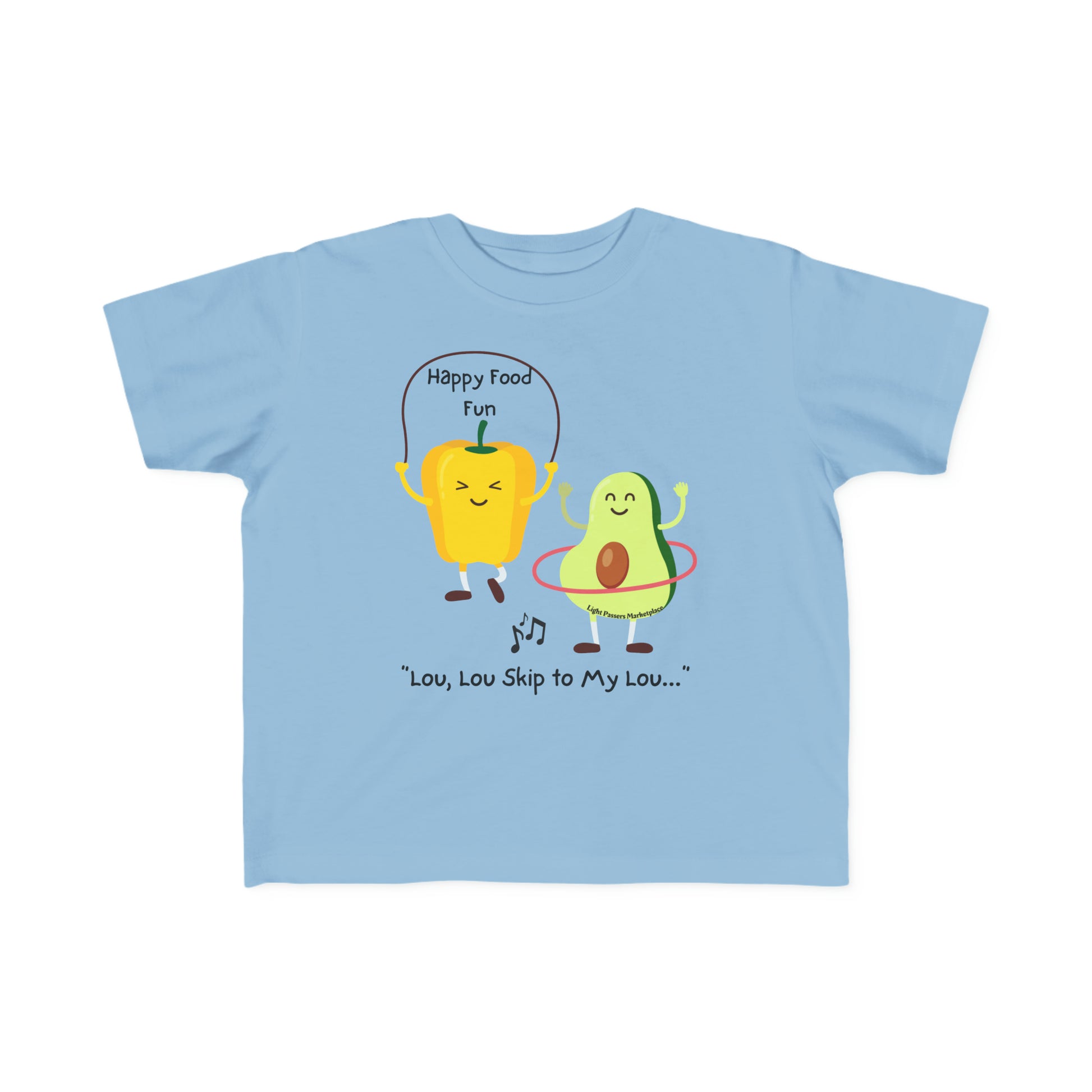 A Skip To My Lou Toddler T-shirt featuring cartoon food characters on a blue shirt. Made of soft 100% combed cotton, with a durable print, perfect for sensitive skin.