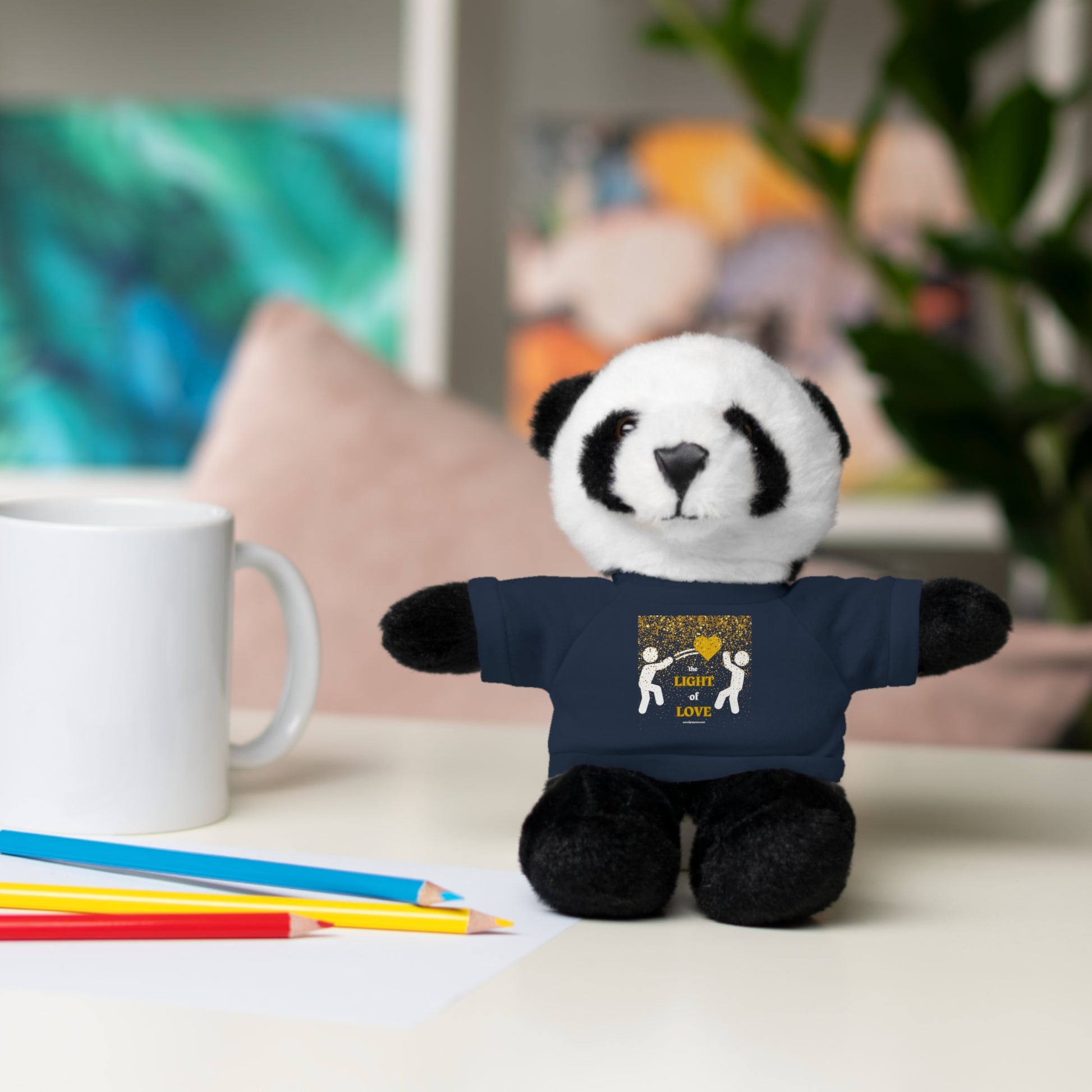 Stuffed panda bear, 8 tall, wearing a customizable tee from Toss the Light of Love Gold Heart collection, designed for children's joy and comfort.