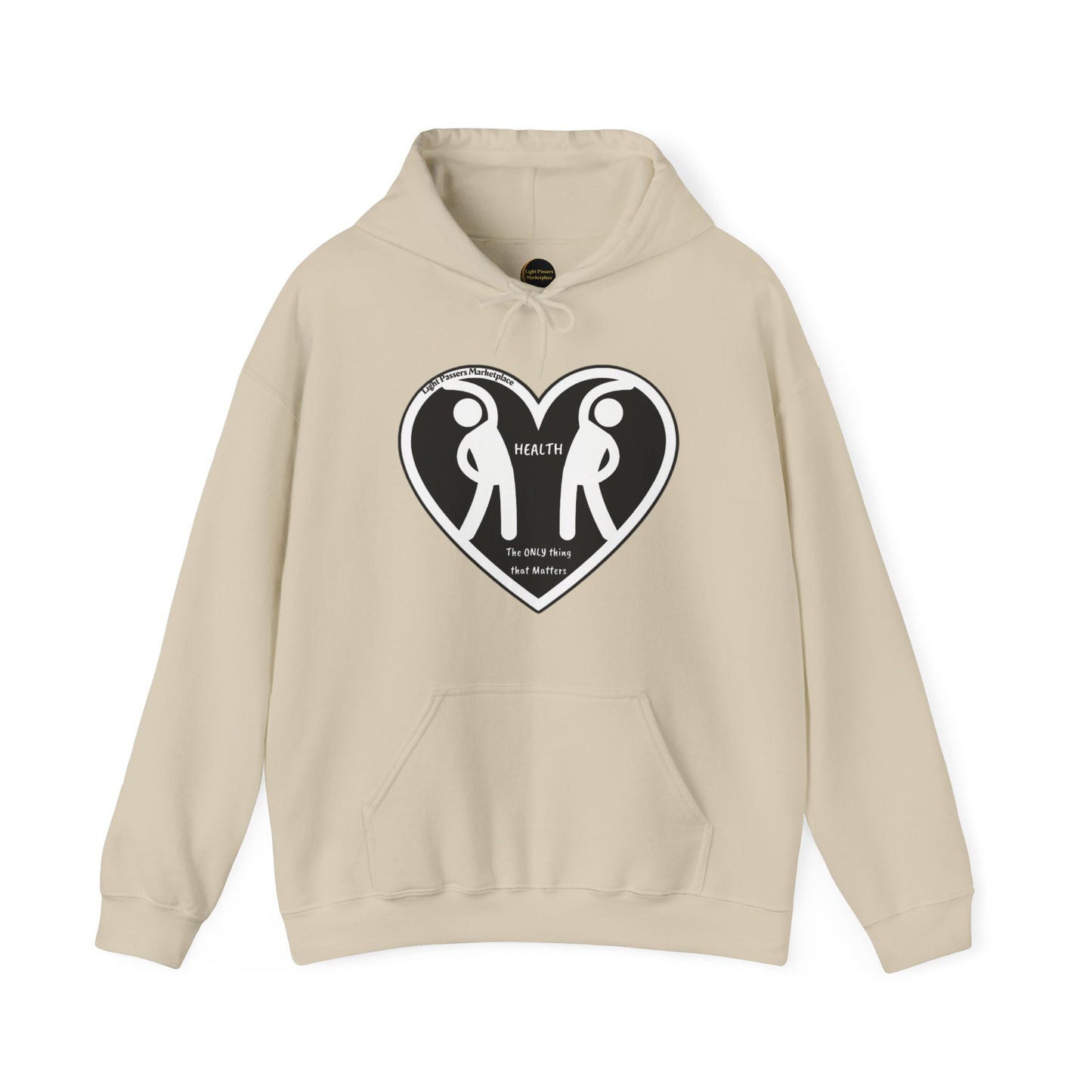 A white hooded sweatshirt featuring a heart and two people design, crafted from a cozy blend of cotton and polyester for warmth and comfort. Kangaroo pocket and color-matched drawstring for style.