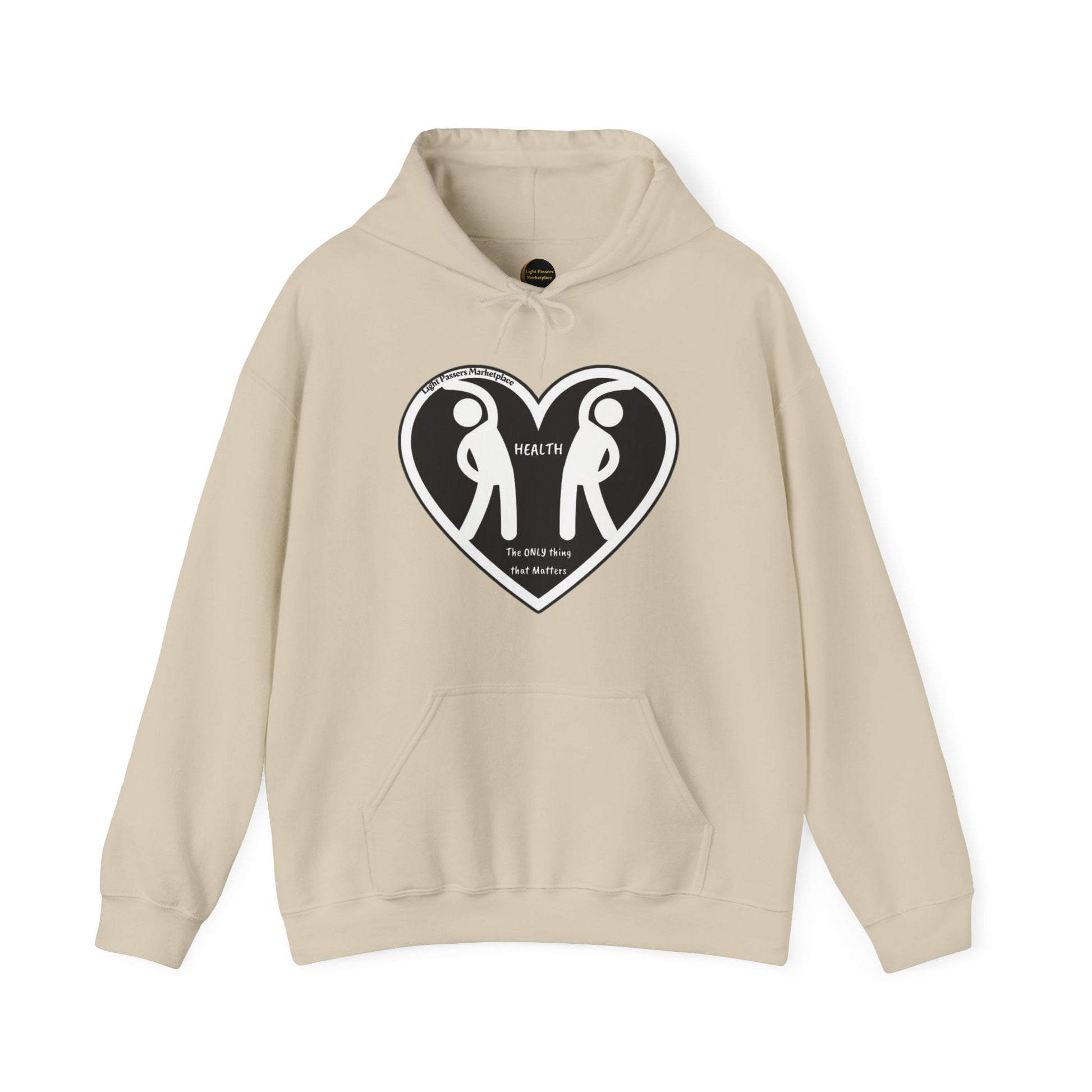 A white hooded sweatshirt featuring a heart and two people design, crafted from a cozy blend of cotton and polyester for warmth and comfort. Kangaroo pocket and color-matched drawstring for style.