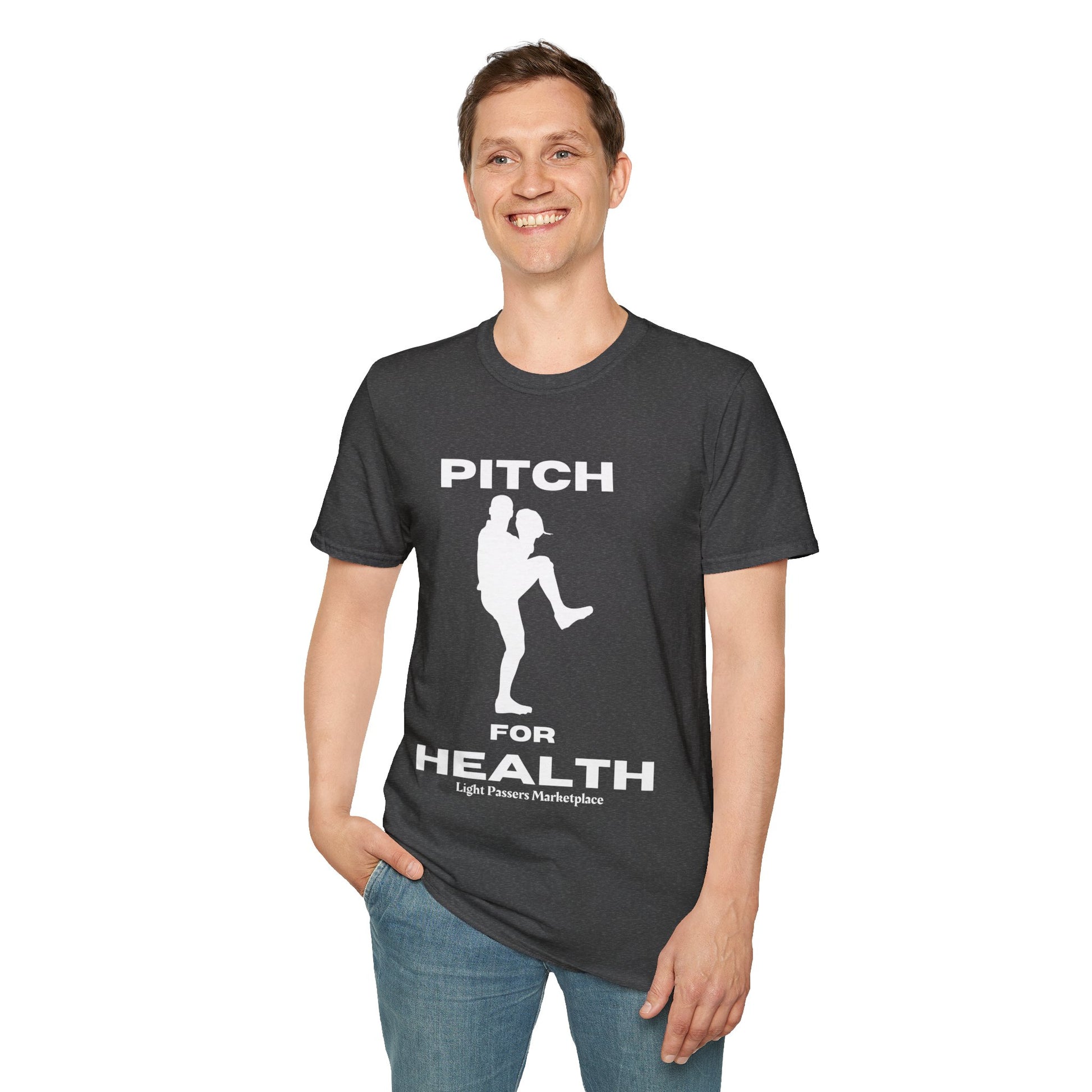 A man in a Pitch for Health Unisex T-Shirt, smiling, showcasing the casual comfort of 100% ring-spun cotton. Classic fit, crew neckline, no side seams, and ethically made.