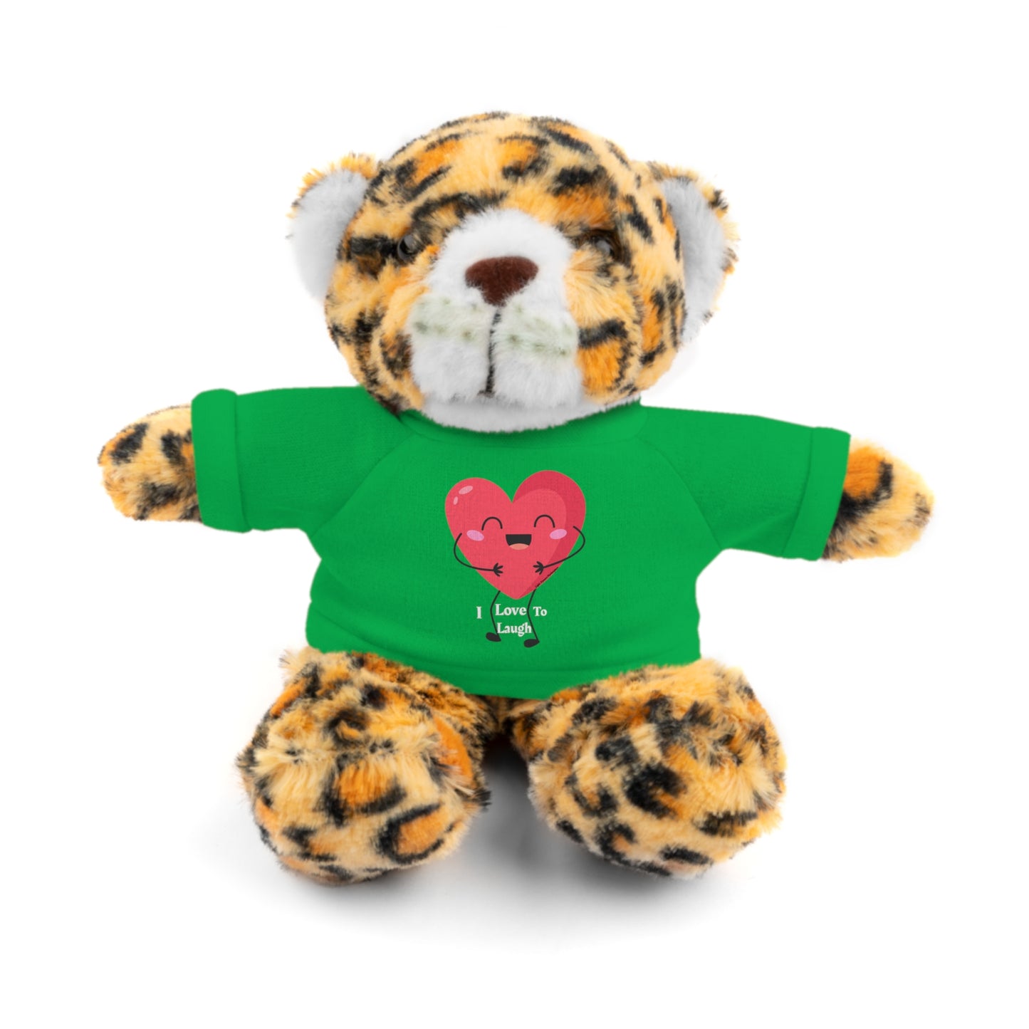 Stuffed animal in a green I Love to Laugh shirt. Part of Cool Stuff Stuffies, featuring 6 animal options with customizable shirts.