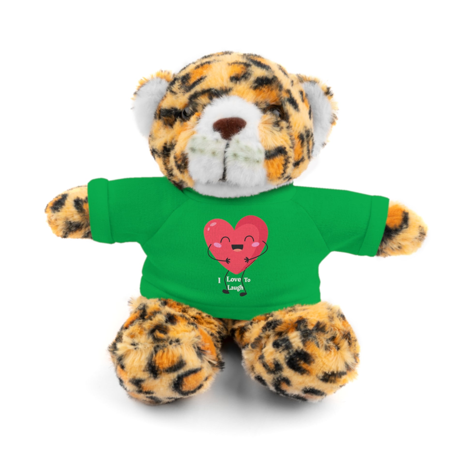 Stuffed animal in a green I Love to Laugh shirt. Part of Cool Stuff Stuffies, featuring 6 animal options with customizable shirts.