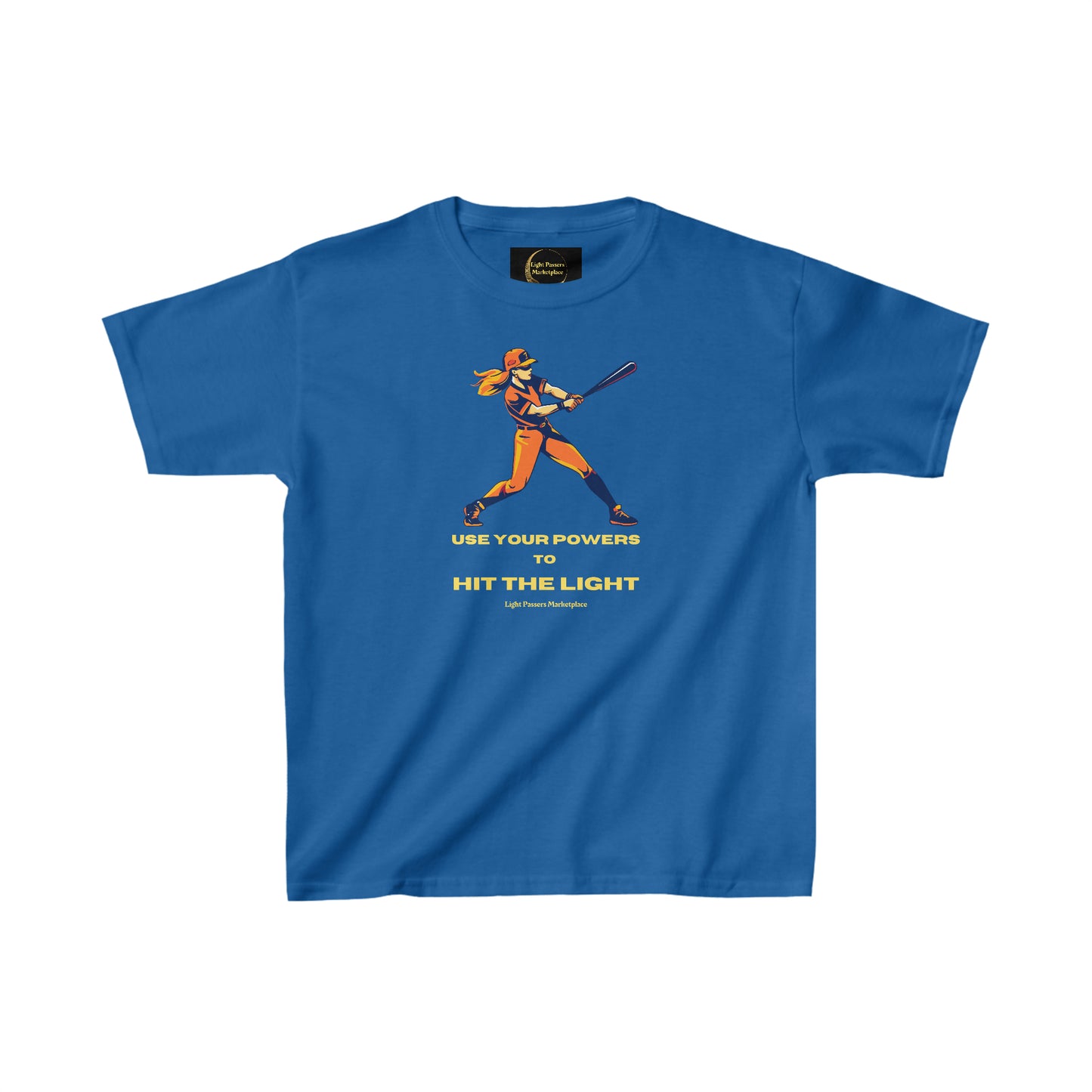 A blue youth t-shirt featuring a baseball bat design, ideal for everyday wear. Made with 100% cotton, twill tape shoulders, and ribbed collar for durability and comfort. Ethically sourced US cotton.