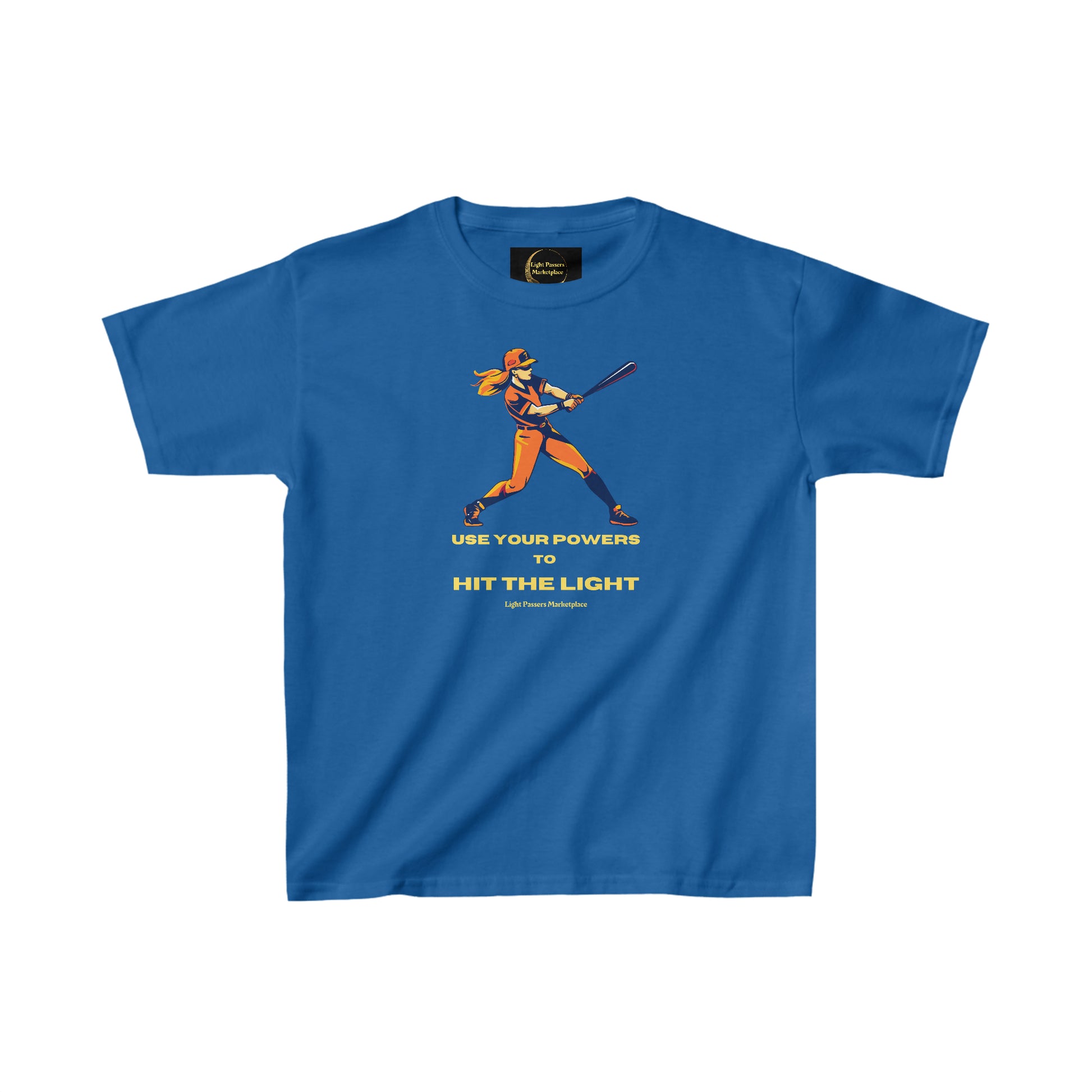 A blue youth t-shirt featuring a baseball bat design, ideal for everyday wear. Made with 100% cotton, twill tape shoulders, and ribbed collar for durability and comfort. Ethically sourced US cotton.