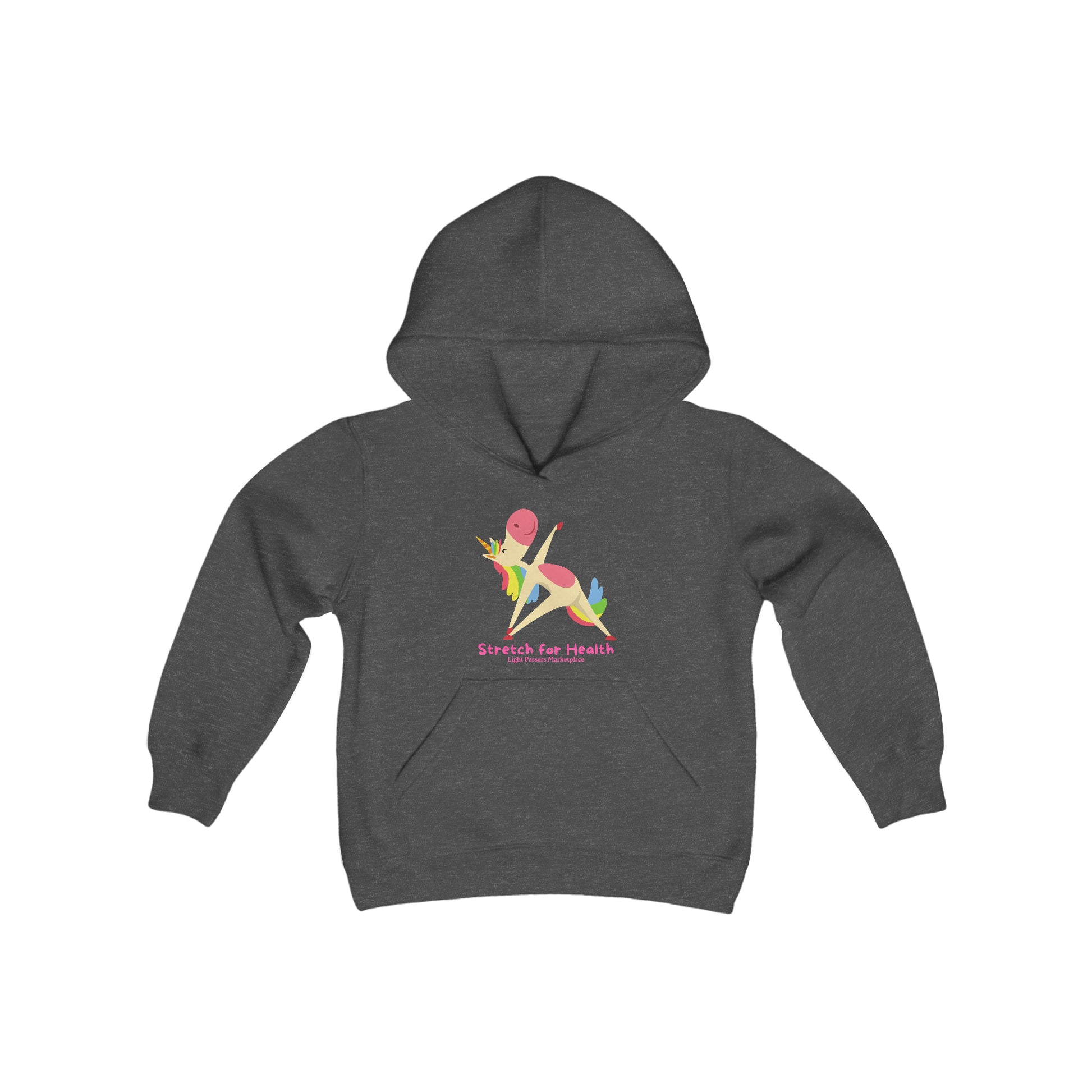 A grey youth blend hooded sweatshirt featuring a cartoon unicorn stretching, with a kangaroo pocket and reinforced neck. Made of soft, preshrunk fleece (50% cotton, 50% polyester). Regular fit, 7.75 oz fabric.