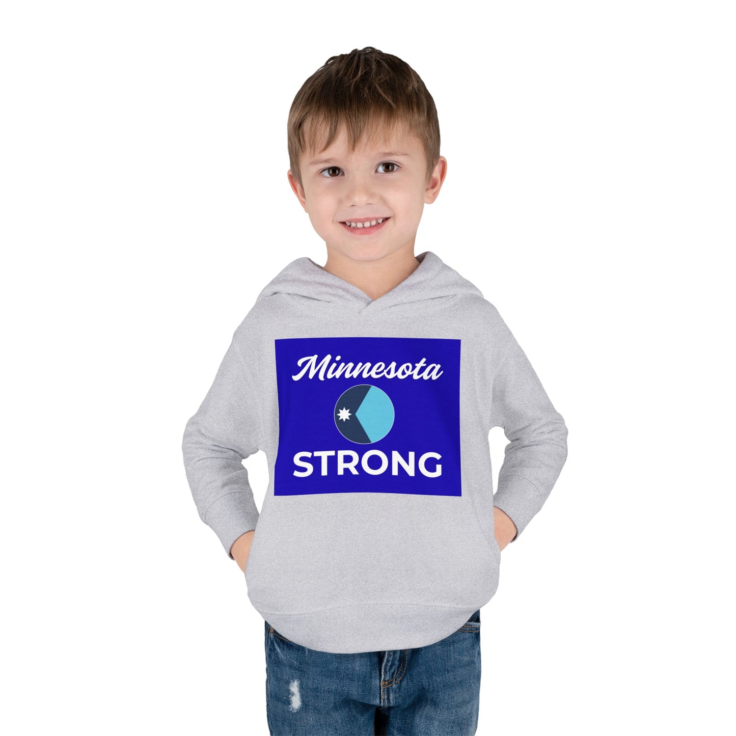 Young boy in a Minnesota Strong hoodie with blue graphic, showcasing state pride. Cozy pullover with pockets, ideal for chilly days and local events.
