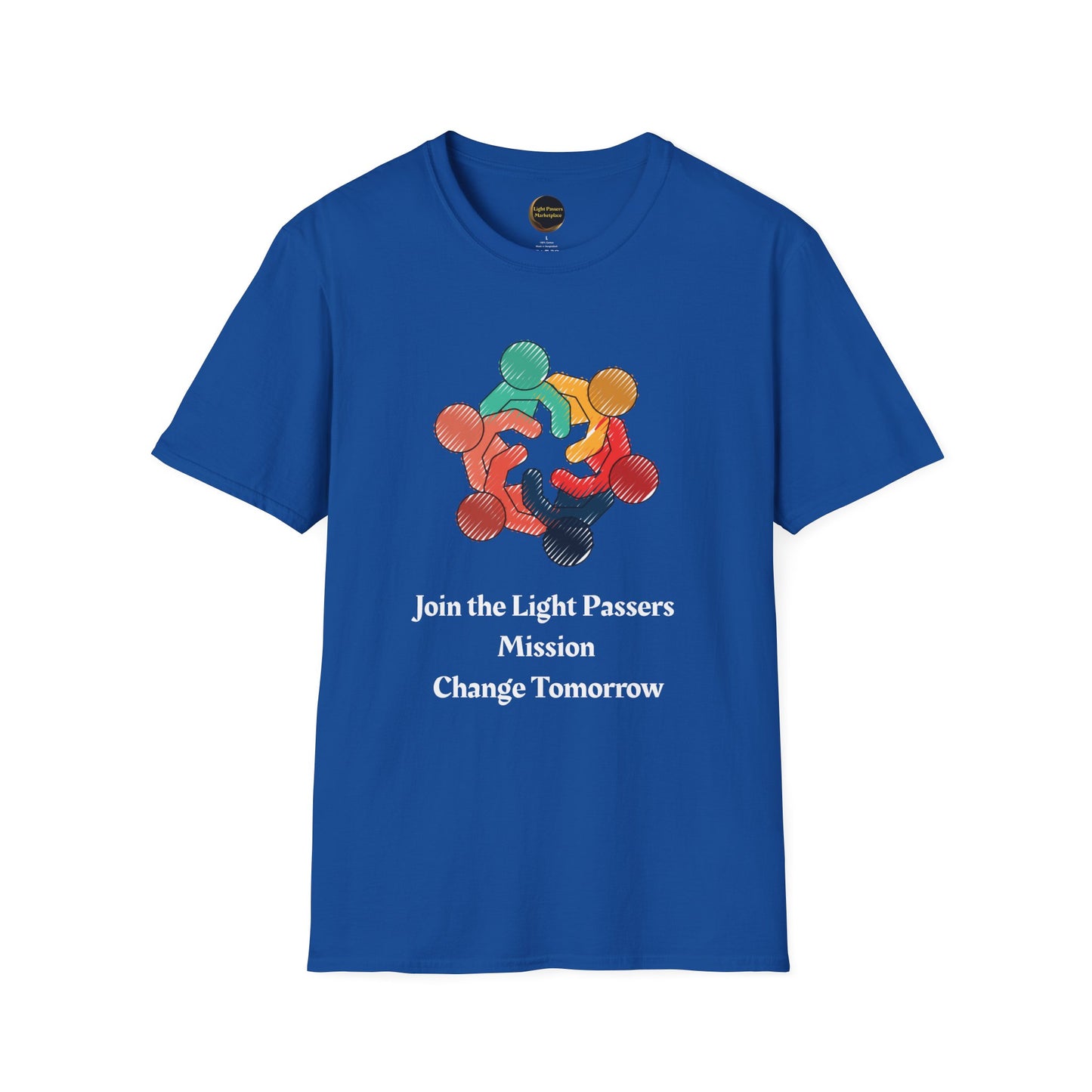 Blue T-shirt with a circular logo of six multicolored figures holding hands and the text Join the Light Passers Mission Change Tomorrow on the front.
