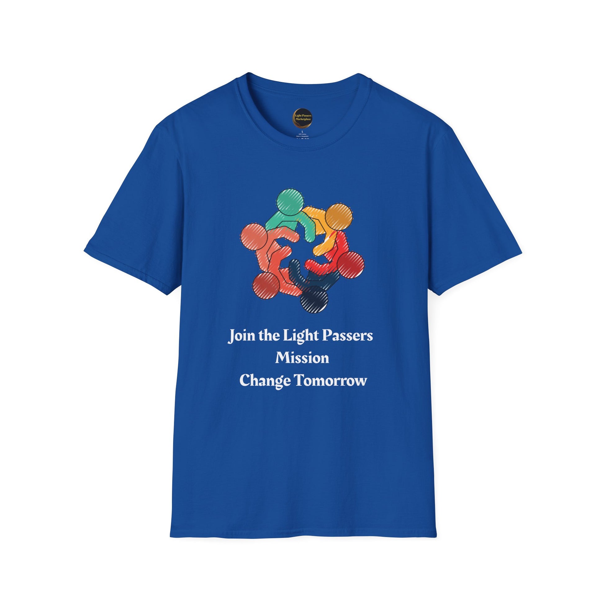 Blue T-shirt with a circular logo of six multicolored figures holding hands and the text Join the Light Passers Mission Change Tomorrow on the front.