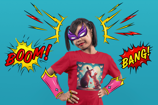 A girl in a red shirt wears a mask and gloves, surrounded by cartoon explosions. Hearts and Love 2 Animals Youth T-shirt, made with 100% cotton, features twill tape shoulders and a curl-resistant collar for durability and comfort.