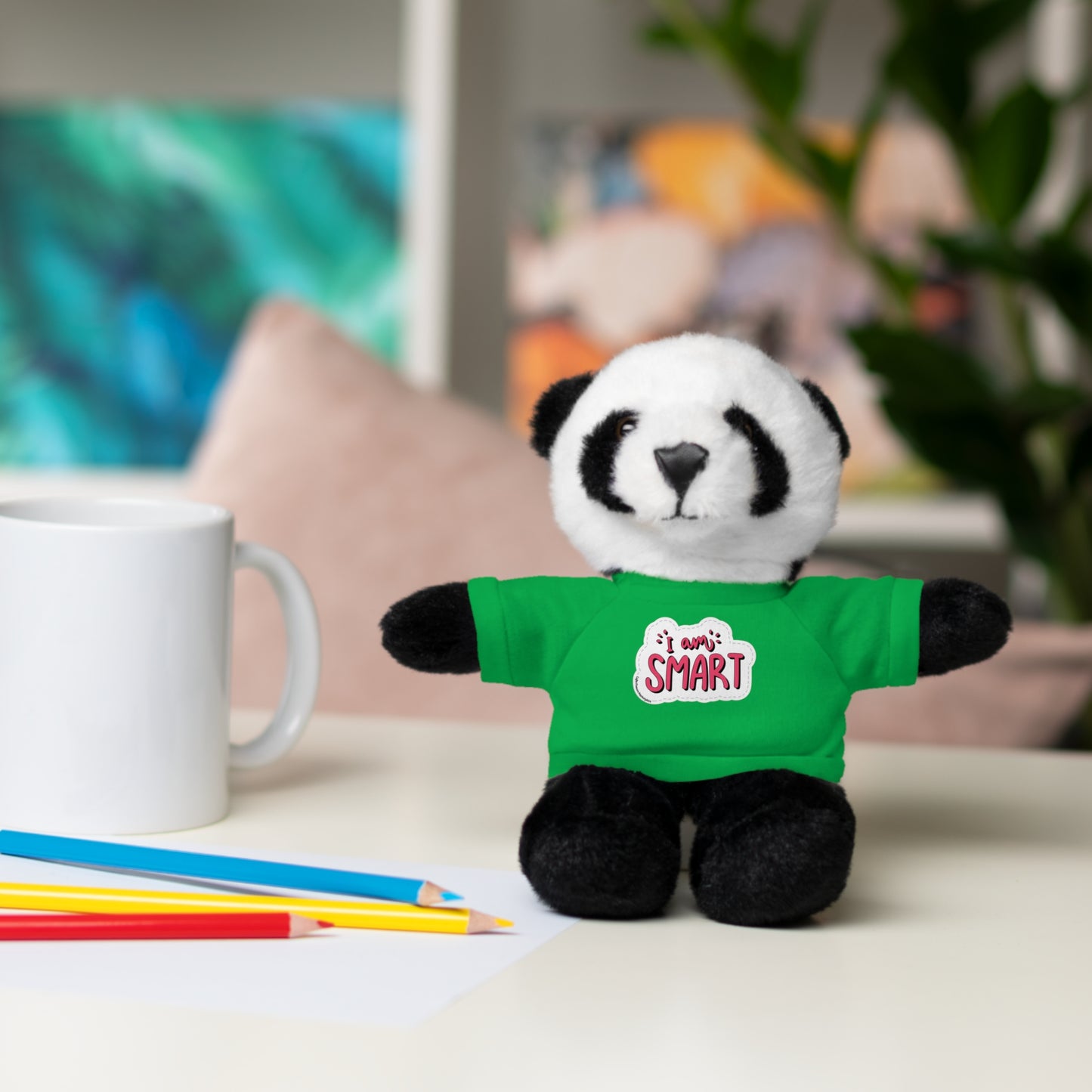 Cool Stuff Stuffies: Plush animals with I am Smart tees, featuring bear, sheep, bunny, jaguar, panda, and lion, perfect for learning and cuddling.
