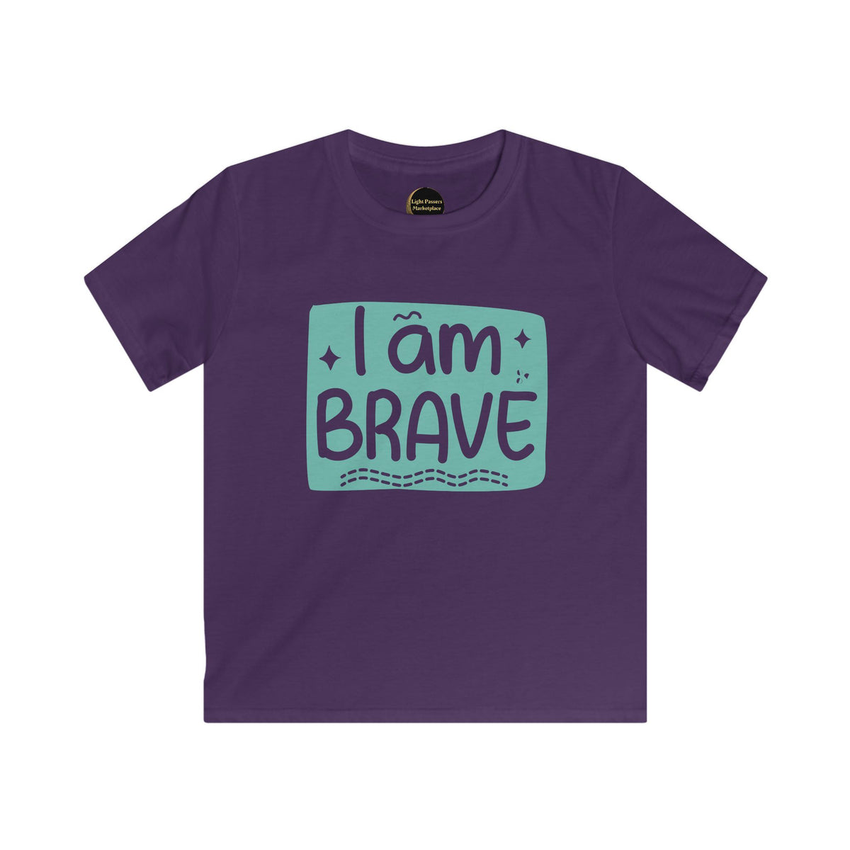 Purple kids graphic T-shirt with 'I am BRAVE' slogan and teal rectangle print
