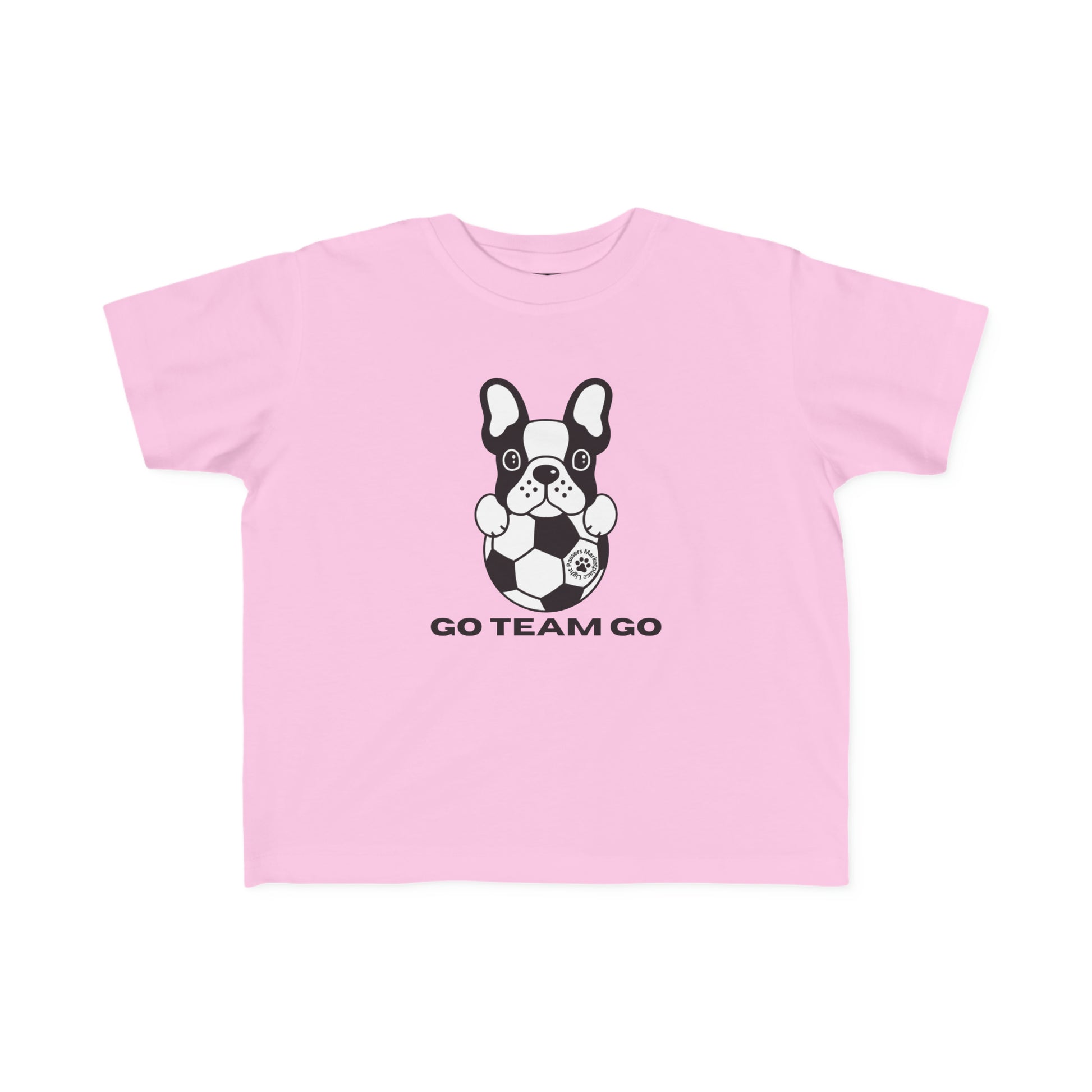 Toddler t-shirt featuring a dog playing soccer, made of soft 100% combed cotton. Durable print, light fabric, tear-away label, classic fit, true to size. Ideal for sensitive skin.