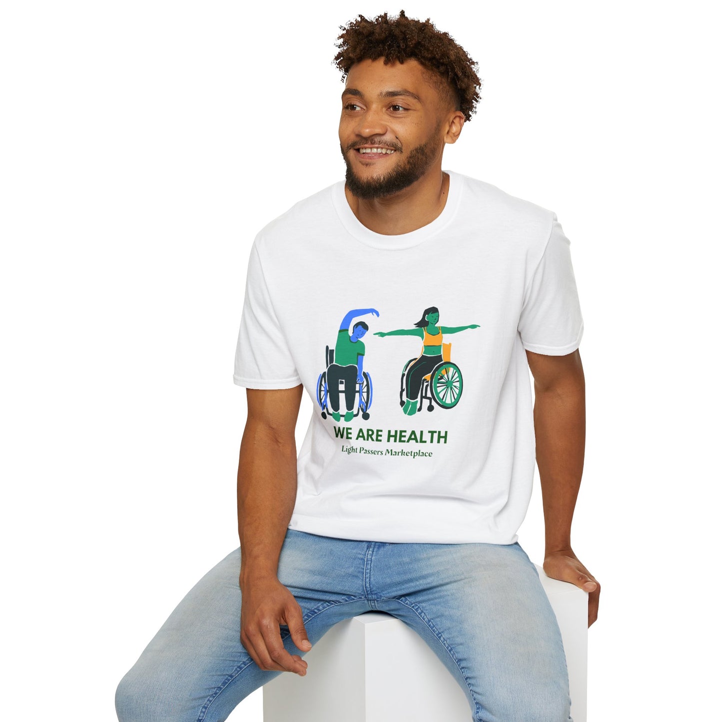 A man and a woman in wheelchairs practicing yoga on a soft, comfortable unisex t-shirt made of 100% ring-spun cotton. No side seams, twill tape shoulders, and ribbed collar for durability. Ethically sourced US cotton.