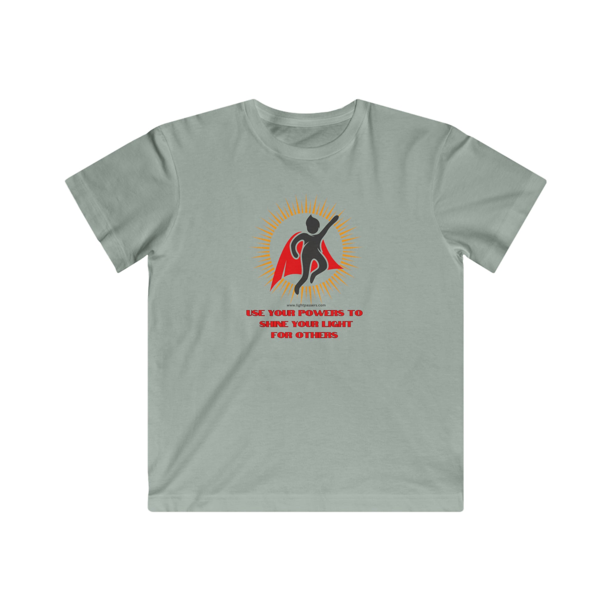 A youth t-shirt featuring a graphic of a person in a cape, embodying the theme Use Your Powers. Made of soft cotton, with a high-quality print on light fabric.