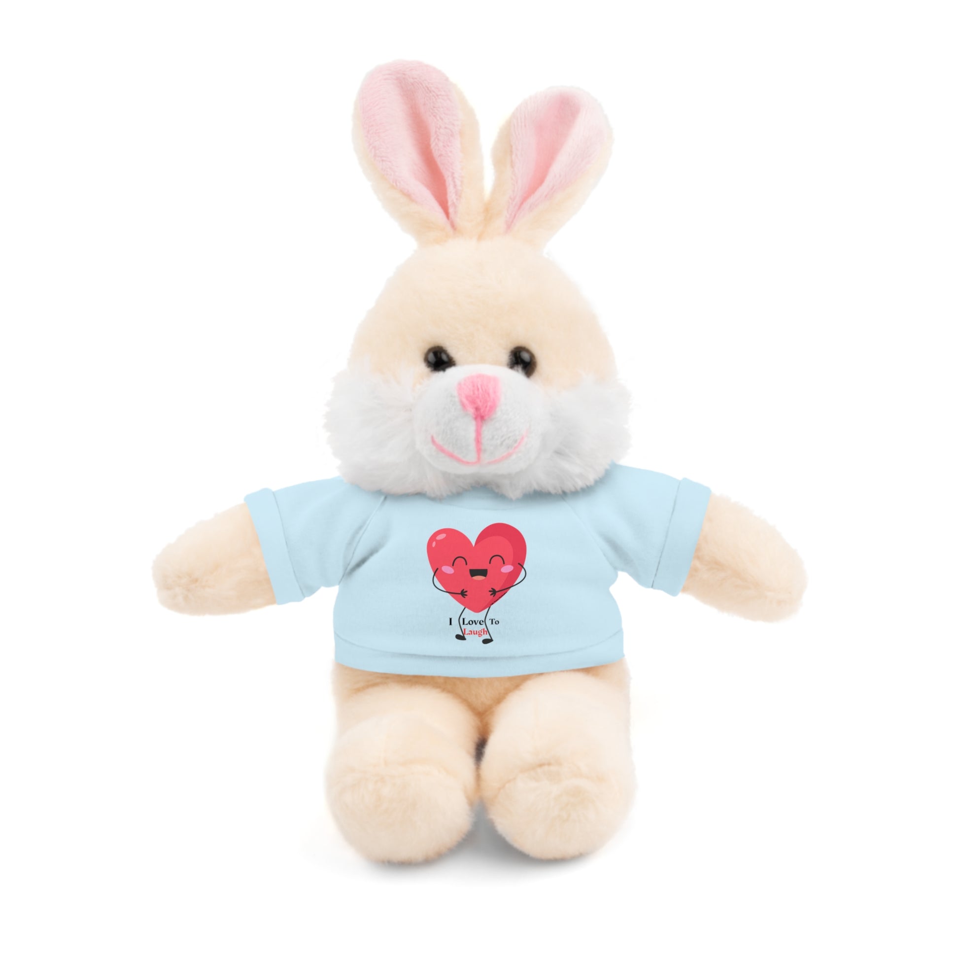 Cool Stuff Stuffies Choice of 6 Animals I Love to Laugh Heart Removable T-shirt, featuring a stuffed bunny in a shirt with a heart design.