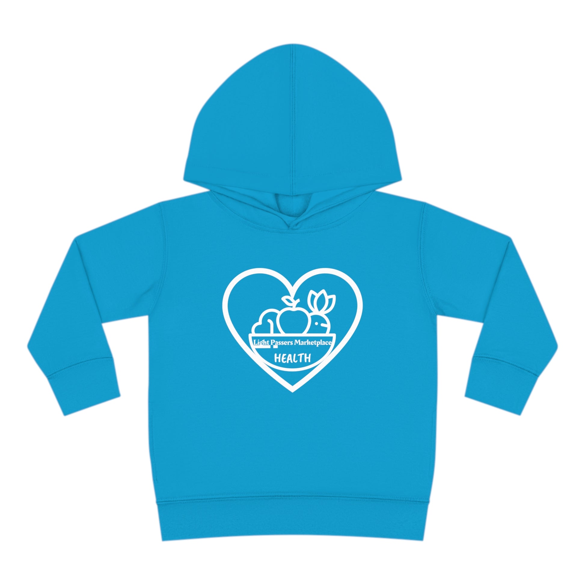 A toddler hoodie featuring a heart and apple logo, designed for comfort with jersey-lined hood, cover-stitched details, side seam pockets, and durable fabric blend of cotton and polyester.