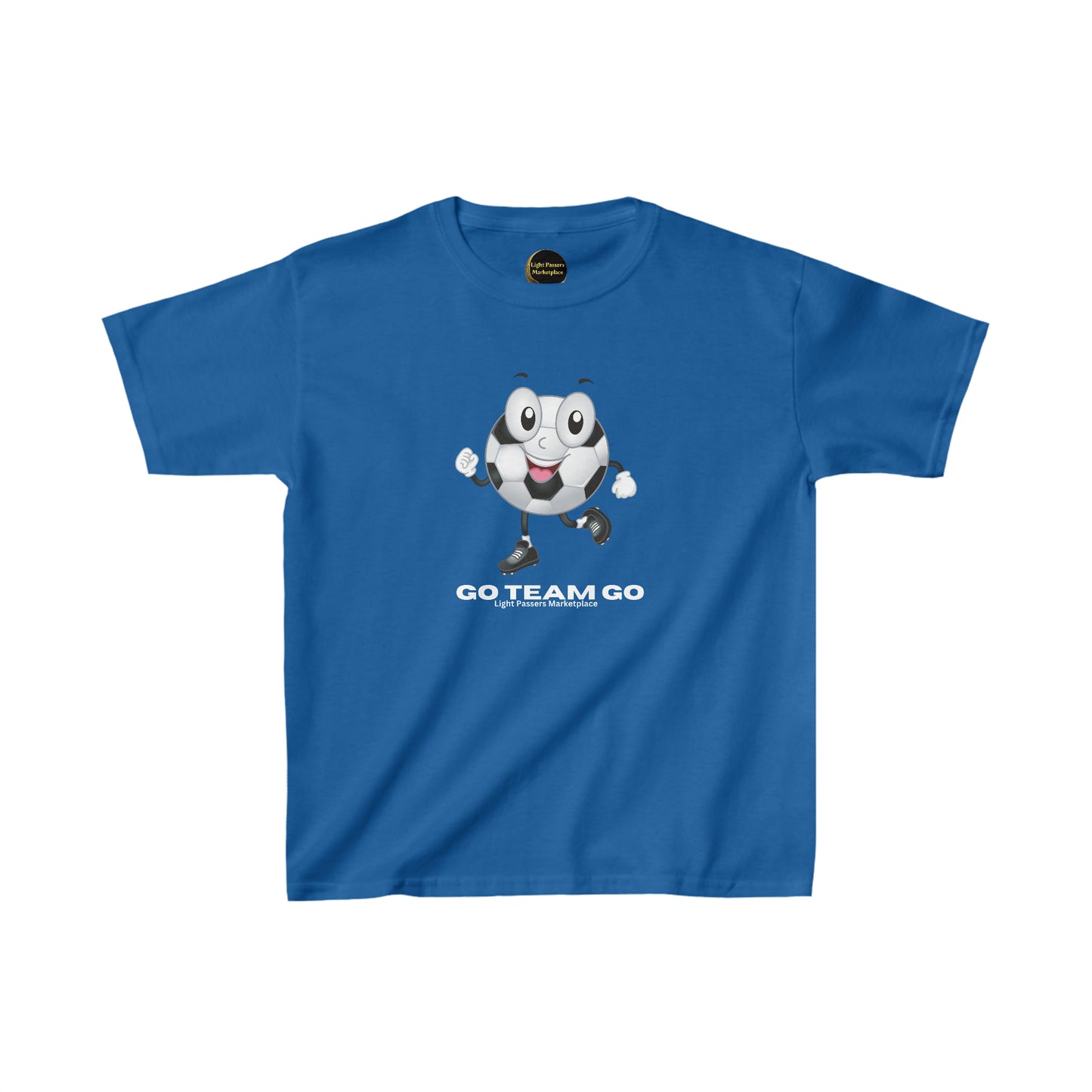 Youth Soccer Ball Guy T-shirt: Blue tee featuring a cartoon football ball character. 100% cotton for durability, with ribbed collar and tear-away labels for comfort. Ethically made with US cotton.