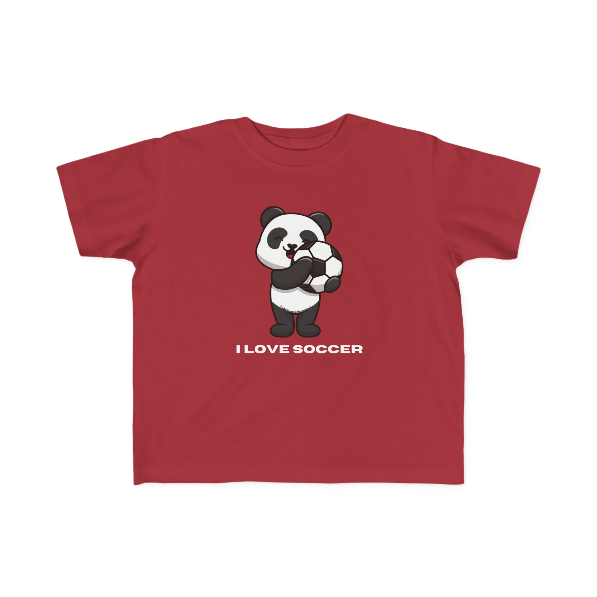 A red toddler t-shirt featuring a panda holding a football ball, ideal for sensitive skin. Made of 100% combed, ring-spun cotton with a durable print, perfect for active play.