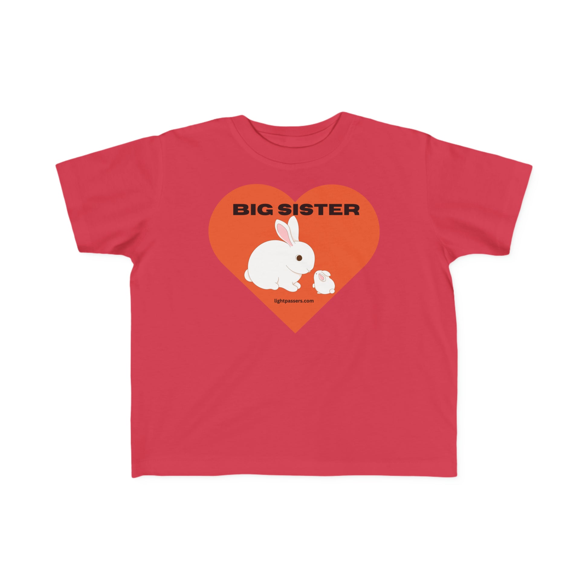 A red toddler t-shirt featuring a white rabbit and heart design. Made of soft, durable cotton, perfect for sensitive skin. Classic fit, tear-away label, ideal for little adventurers.