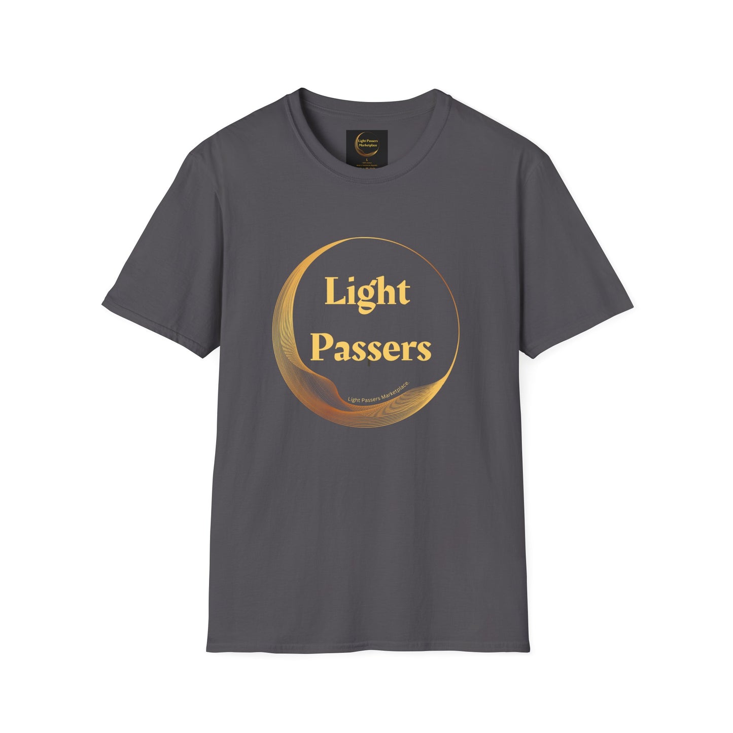 A grey unisex t-shirt featuring a gold logo and text, emphasizing premium printing quality and comfort with no side seams or itchy interruptions. Classic fit, 100% cotton.