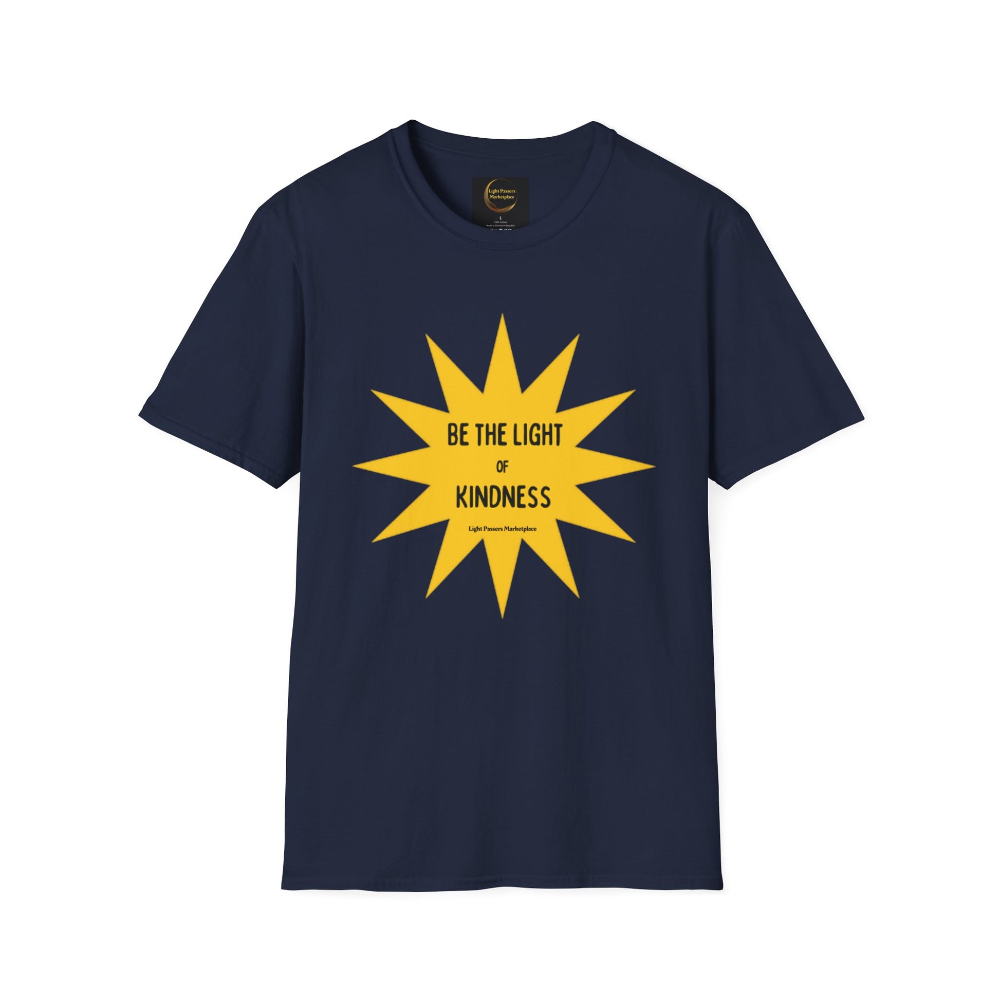 Unisex Be the Light of Kindness T-shirt featuring a yellow star design on a blue shirt. Heavy cotton tee with smooth surface for vivid printing, no side seams, and tape on shoulders for durability.