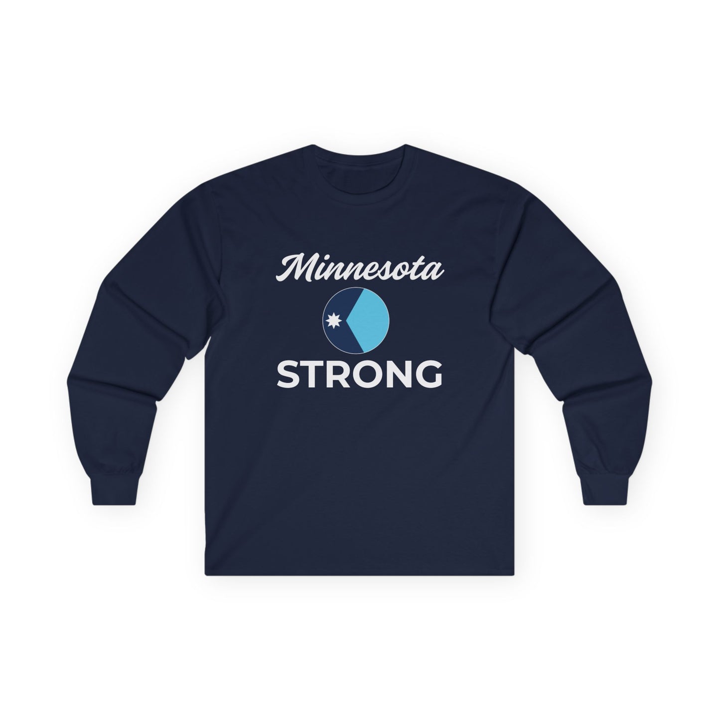 Navy-blue long-sleeve tee with Minnesota Strong and star-emblazoned logo, embodying resilience from Light Passers Marketplace's inspirational collection.
