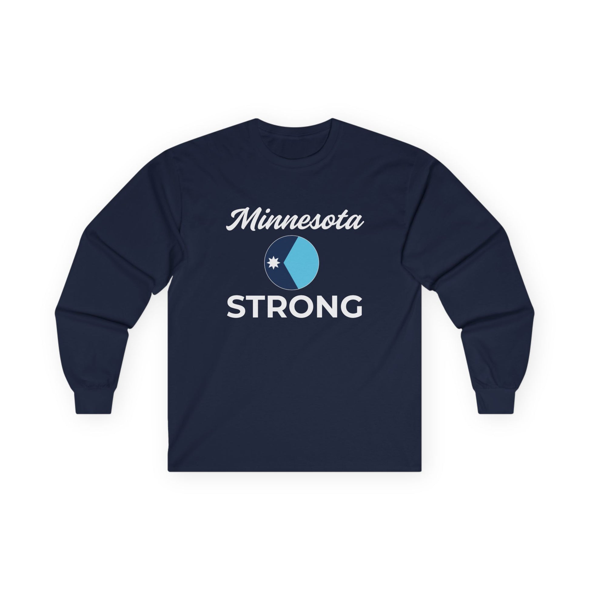 Navy-blue long-sleeve tee with Minnesota Strong and star-emblazoned logo, embodying resilience from Light Passers Marketplace's inspirational collection.