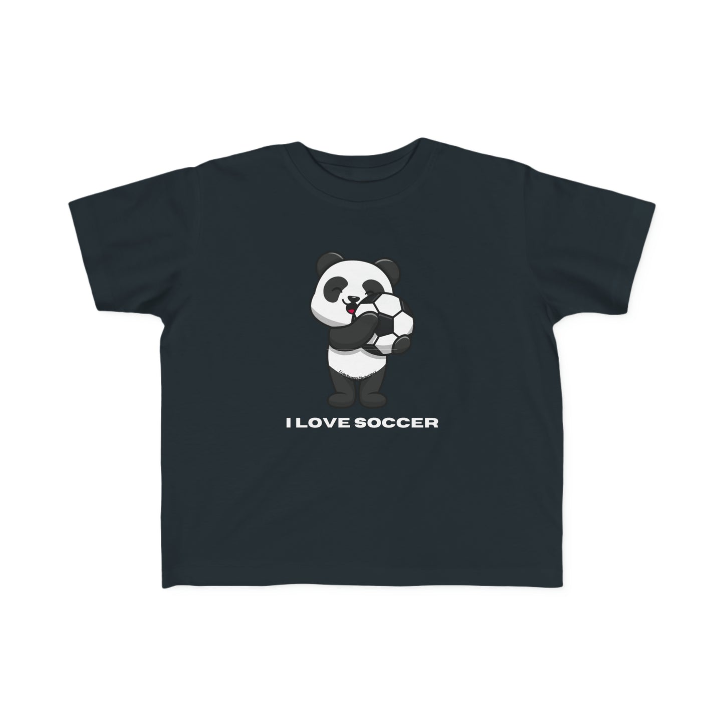 A toddler's black tee featuring a cartoon panda holding a football ball. Made of soft, durable 100% combed cotton, ideal for sensitive skin. Classic fit, tear-away label, perfect for young soccer fans.