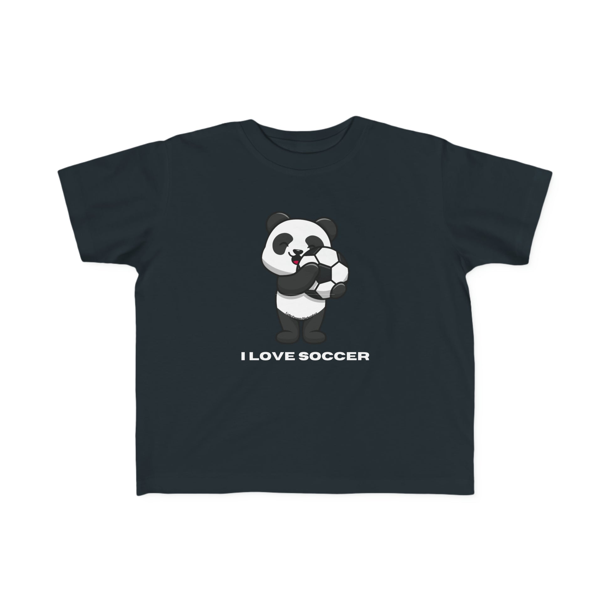 A toddler's black tee featuring a cartoon panda holding a football ball. Made of soft, durable 100% combed cotton, ideal for sensitive skin. Classic fit, tear-away label, perfect for young soccer fans.