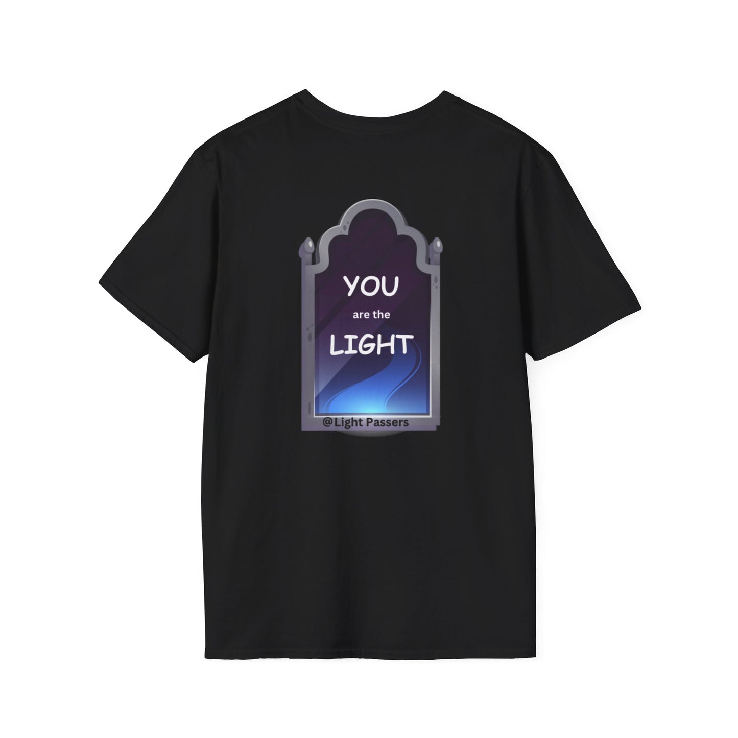 Unisex black tee with blue and white design, featuring Light Mirror BACK LP Logo FRONT. 100% cotton, medium fabric, classic fit, tear-away label, no side seams, tape on shoulders for durability.