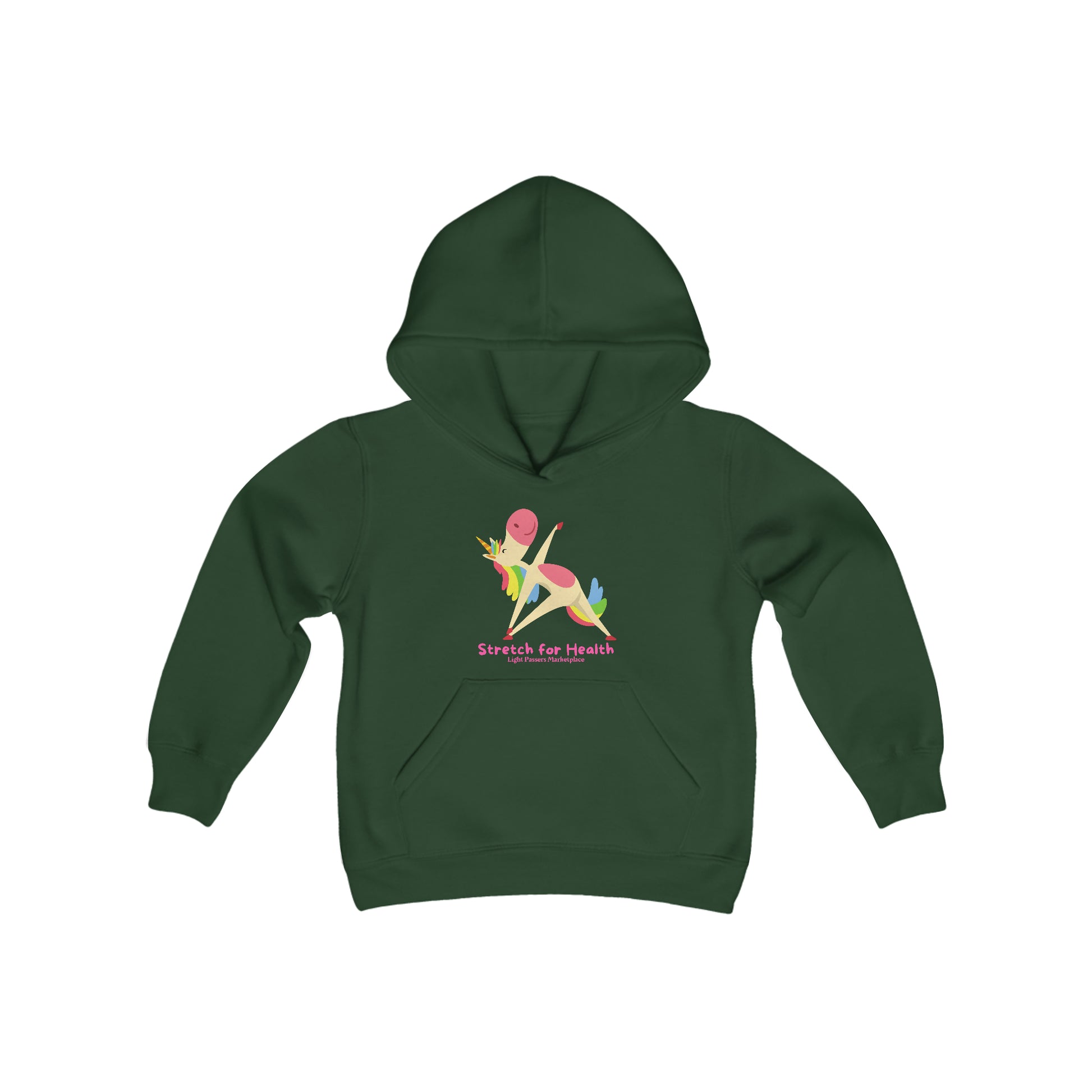 A youth blend hooded sweatshirt featuring a cartoon unicorn stretching, made of soft, preshrunk fleece with kangaroo pocket and twill taping.