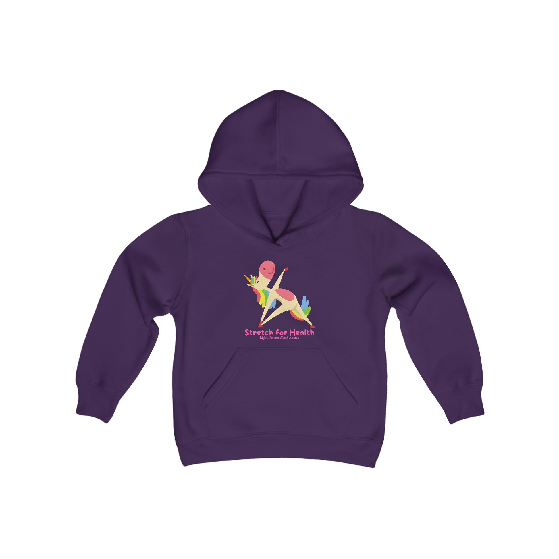 A purple youth hooded sweatshirt featuring a cartoon unicorn stretching, with a kangaroo pocket, reinforced neck, and soft fleece fabric blend.