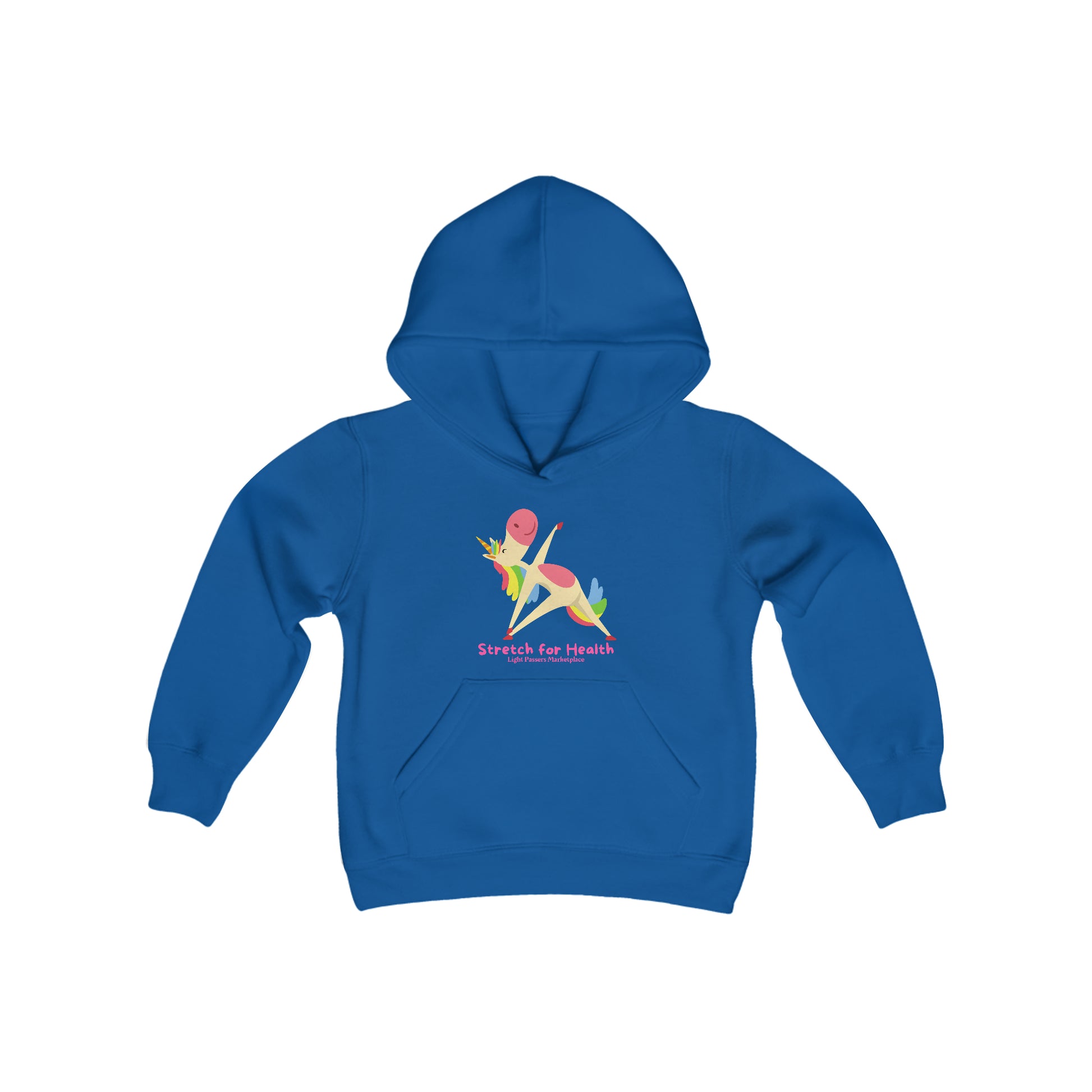 Youth blend hooded sweatshirt featuring a cartoon unicorn stretching, kangaroo pocket, and twill taping. 50% cotton, 50% polyester, soft fleece, 7.75 oz fabric weight. Regular fit, sewn-in label, true to size.