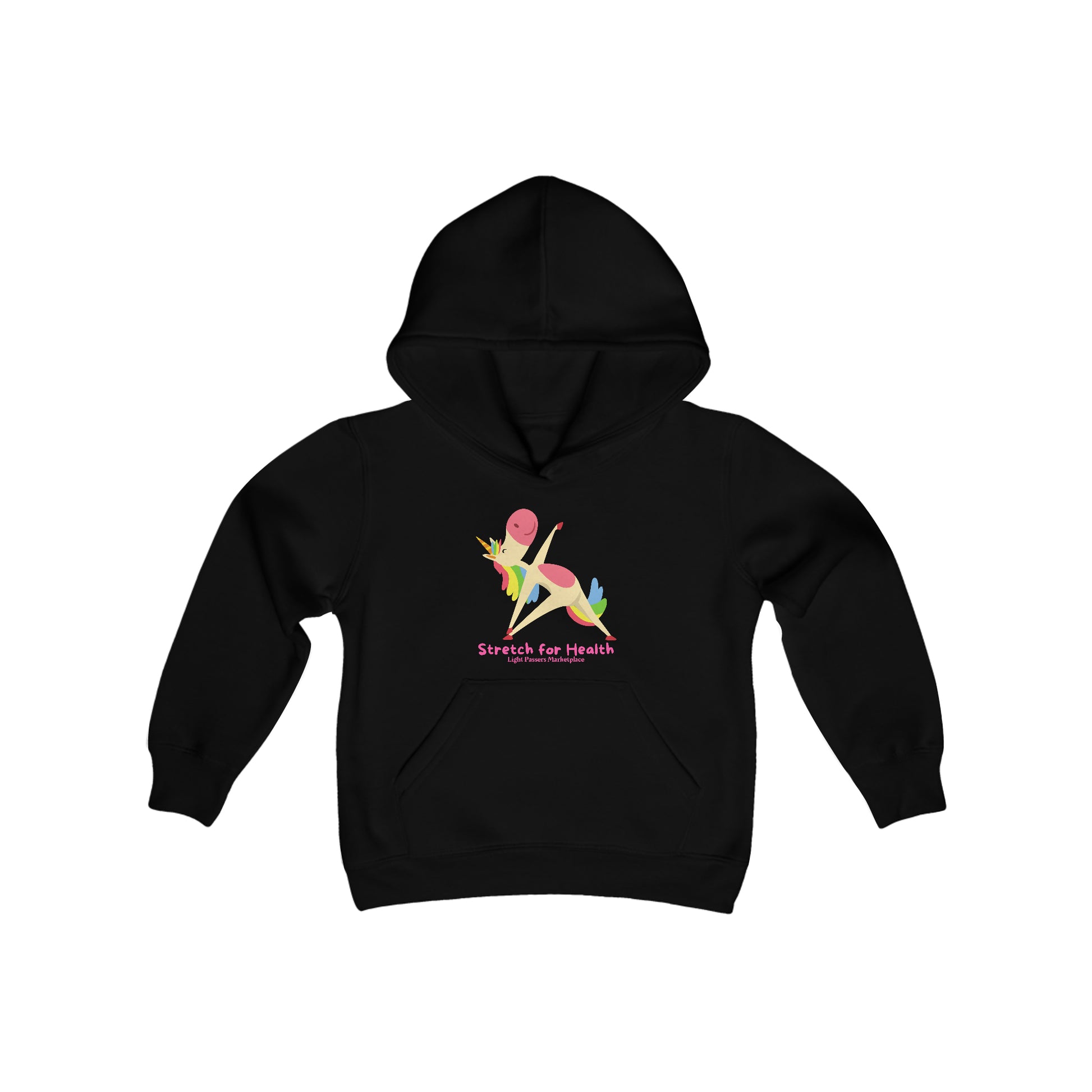 Youth black hoodie with cartoon unicorn design, kangaroo pocket, and twill-taped neck. 50% cotton, 50% polyester blend for softness and reduced lint. Ideal for printing.