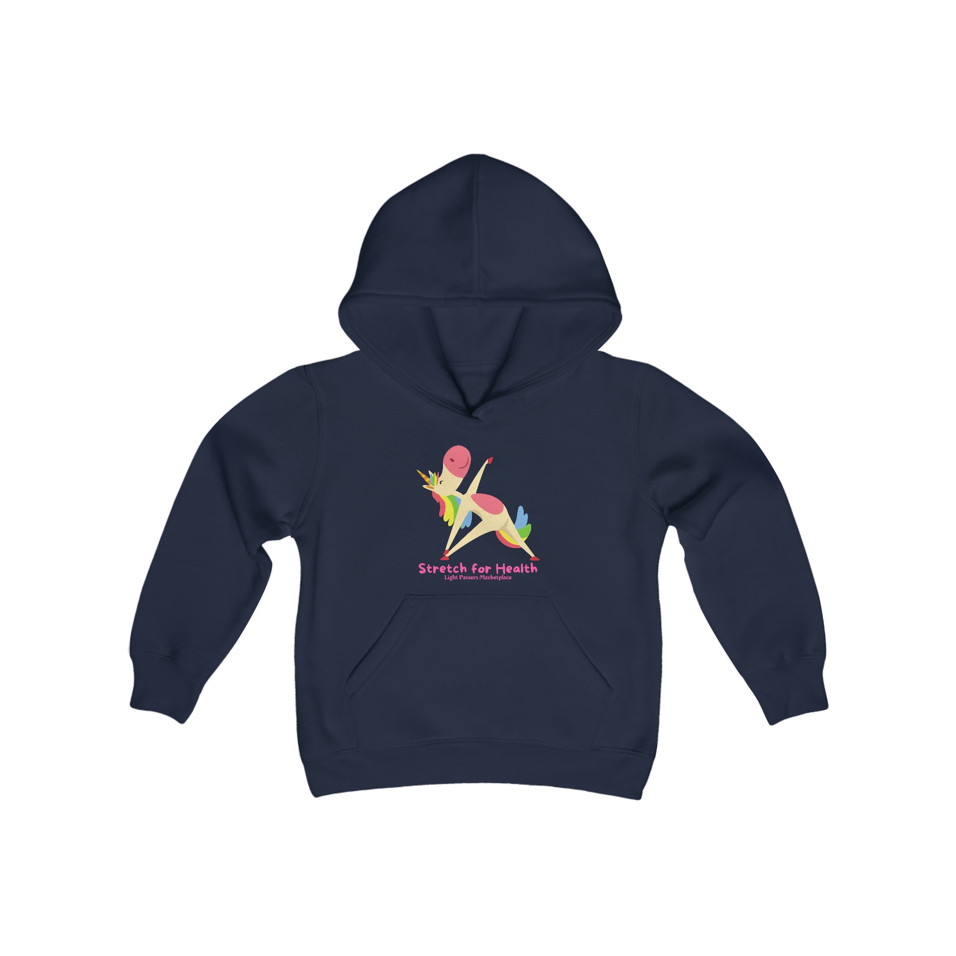 Youth blend hooded sweatshirt featuring a cartoon unicorn stretching, kangaroo pocket, and twill taping. 50% cotton, 50% polyester, 7.75 oz fabric. Sewn-in label, regular fit, true to size.