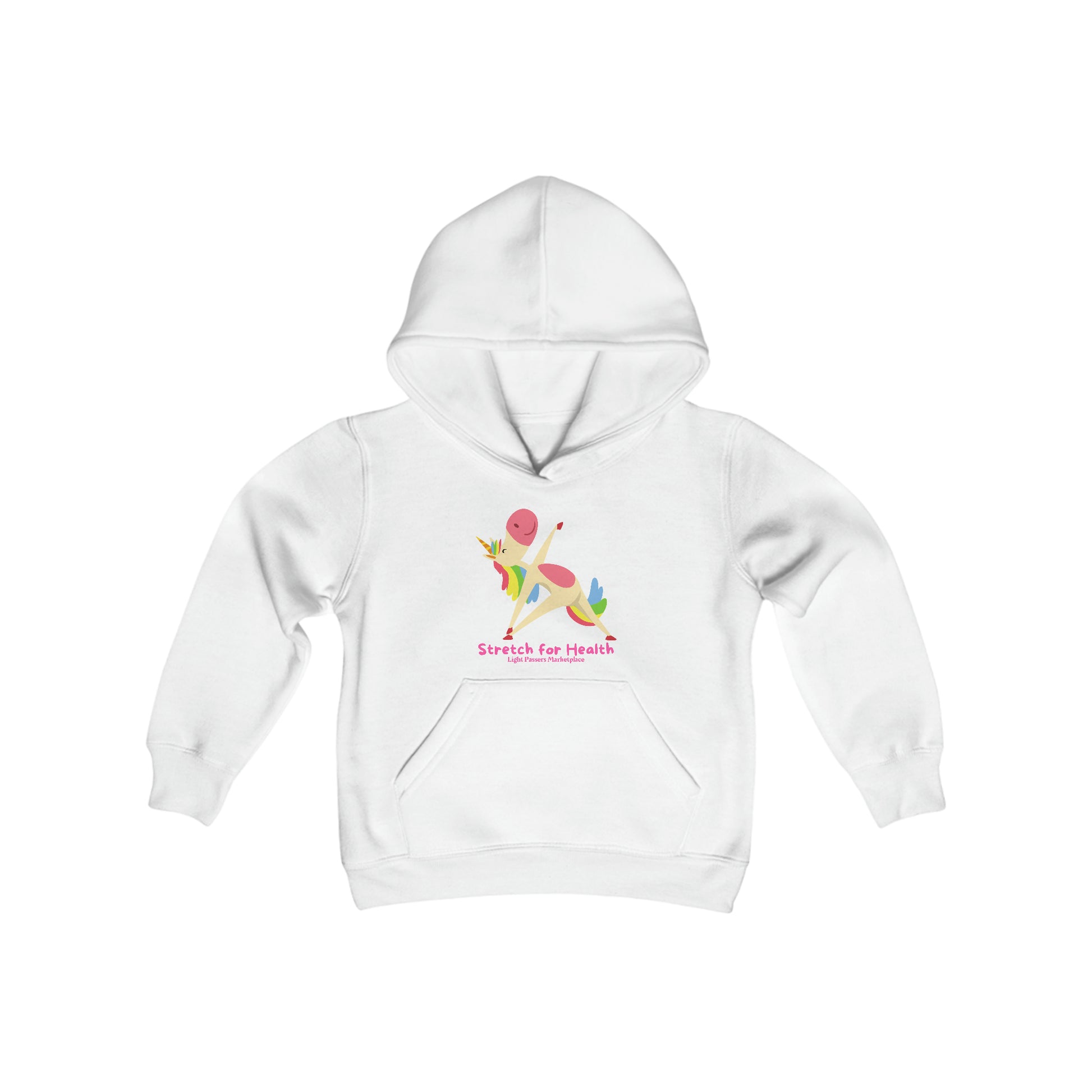 A white youth hooded sweatshirt featuring a pink unicorn design, made of soft, preshrunk fleece with a kangaroo pocket. 50% cotton, 50% polyester blend for optimal printing.