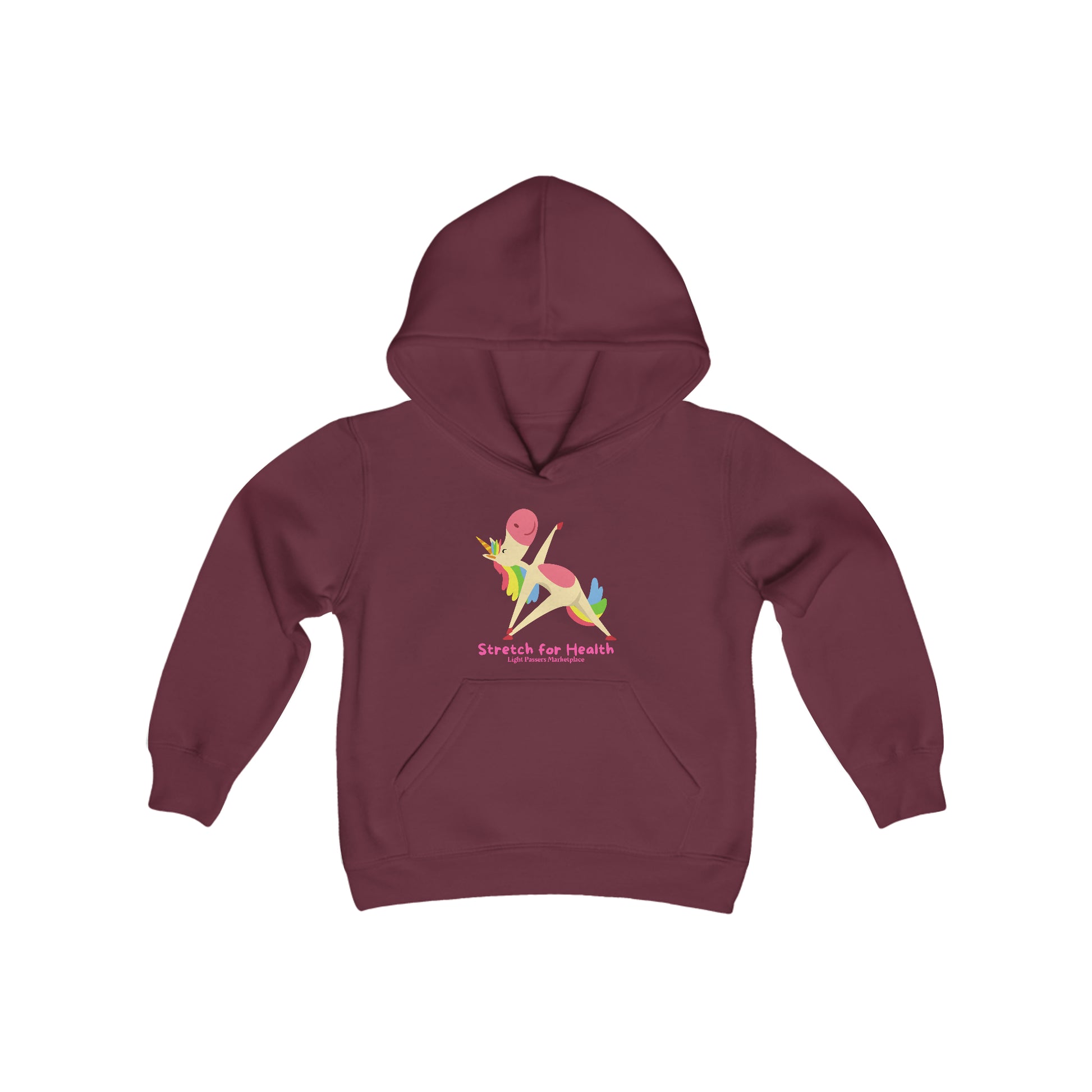 A maroon youth hooded sweatshirt featuring a cartoon unicorn stretching, with a kangaroo pocket and twill taping. Made of soft, preshrunk fleece blend for comfort.