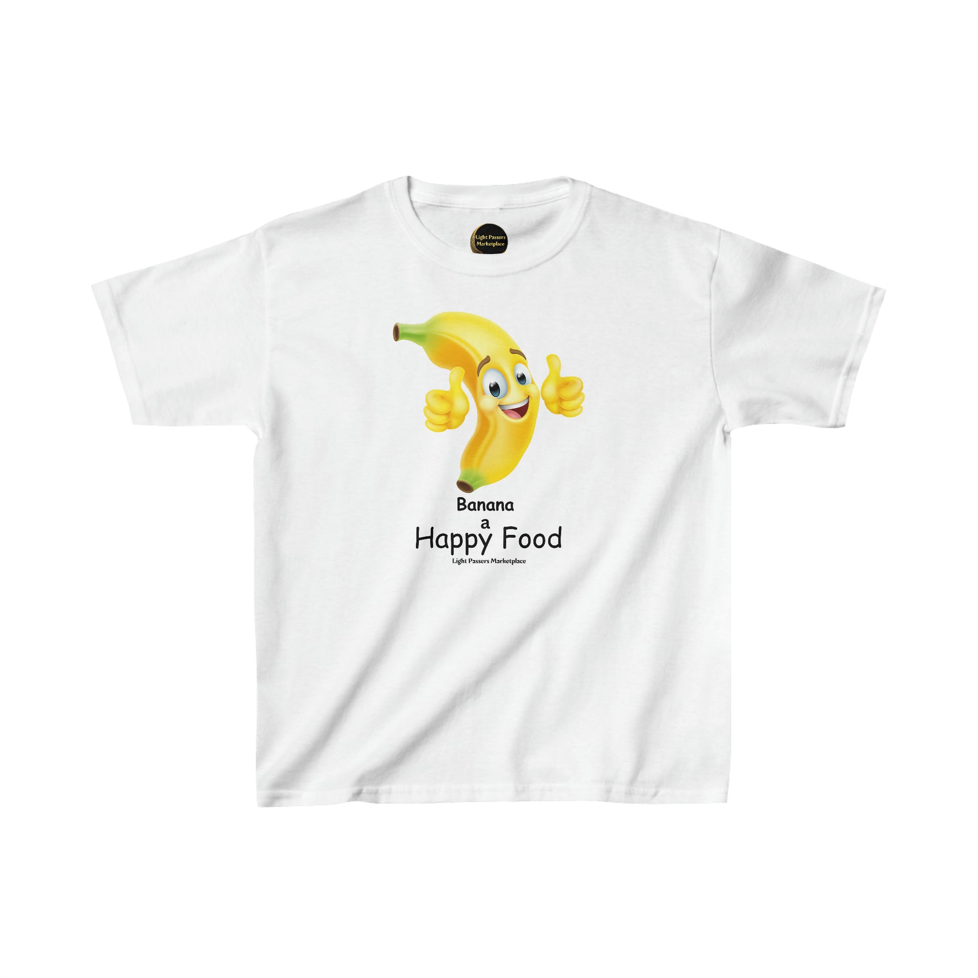 A white youth t-shirt featuring a cartoon banana giving a thumbs up. Made of 100% cotton with twill tape shoulders for durability and ribbed collar for curl resistance. Ethically sourced US cotton.