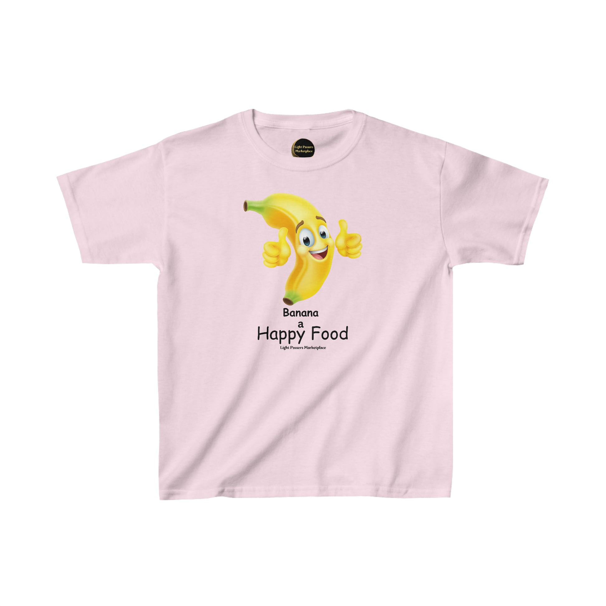 Youth t-shirt featuring a cartoon banana giving a thumbs up. Made of 100% cotton for solid colors, with twill tape shoulders for durability. Classic fit with tear-away labels for comfort.