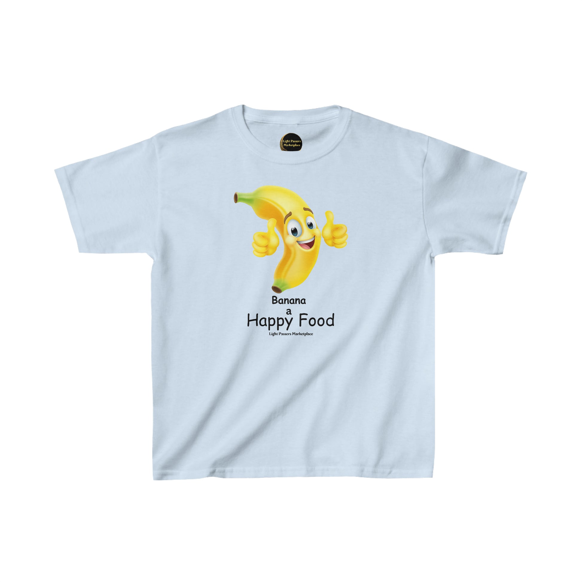 A youth t-shirt featuring a cartoon banana giving a thumbs up. Made of 100% cotton, with twill tape shoulders for durability and a curl-resistant collar. Ethically sourced US cotton.