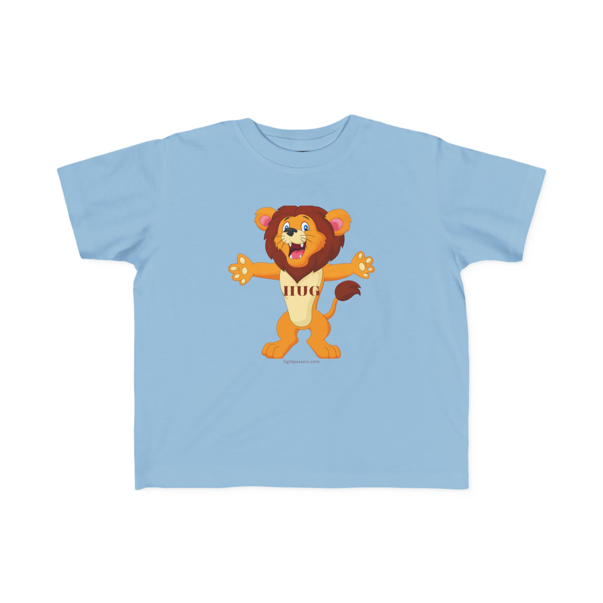 A toddler's Hug Lion T-shirt featuring a cartoon lion graphic on a blue tee. Made of 100% combed cotton, light fabric, and a tear-away label for comfort.