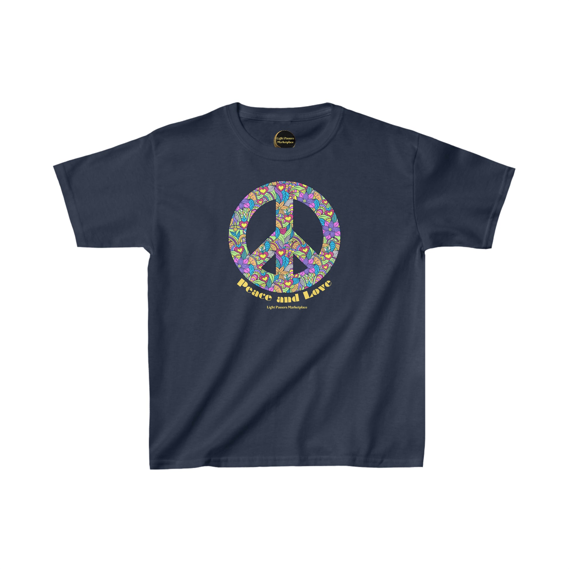 Youth cotton t-shirt featuring a peace sign with colorful flowers, crown drawing, and close-up details. Made with 100% US cotton, ribbed collar, tear-away labels, and ethical production.
