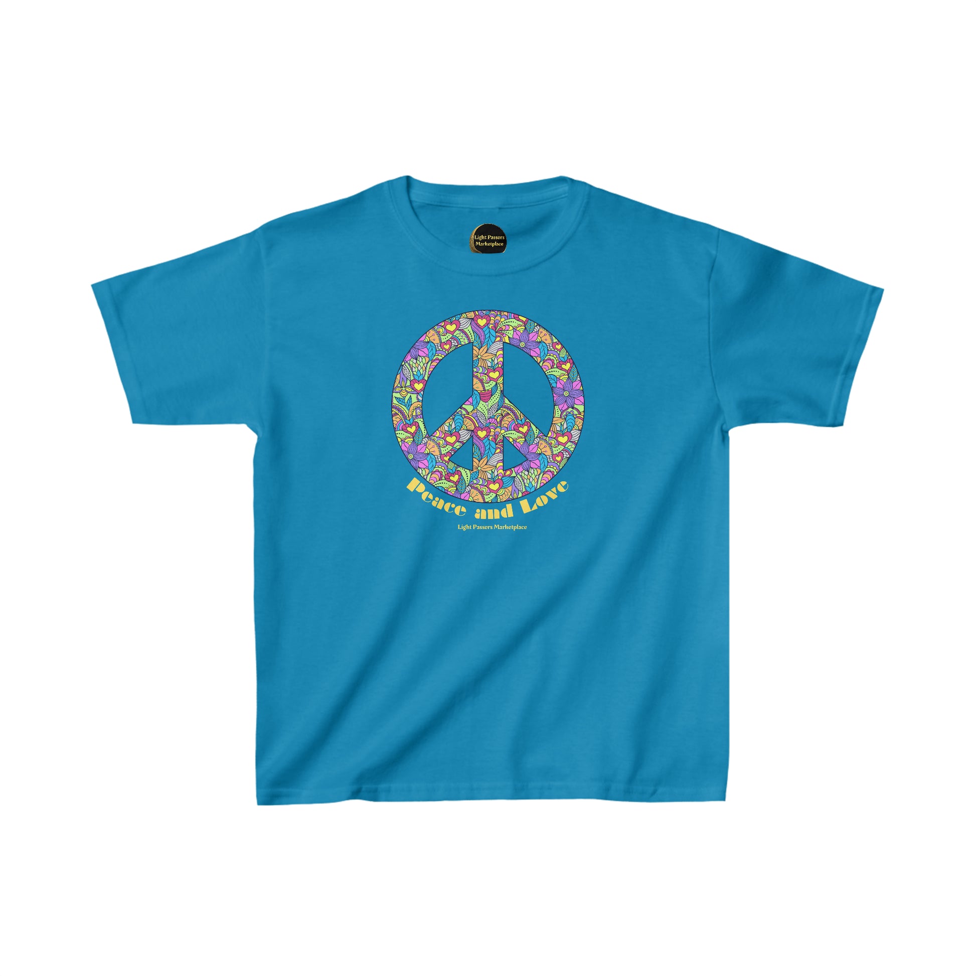 Youth blue t-shirt featuring a peace sign adorned with flowers and hearts. Made of 100% cotton for comfort, with twill tape shoulders for durability and ribbed collar for curl resistance.