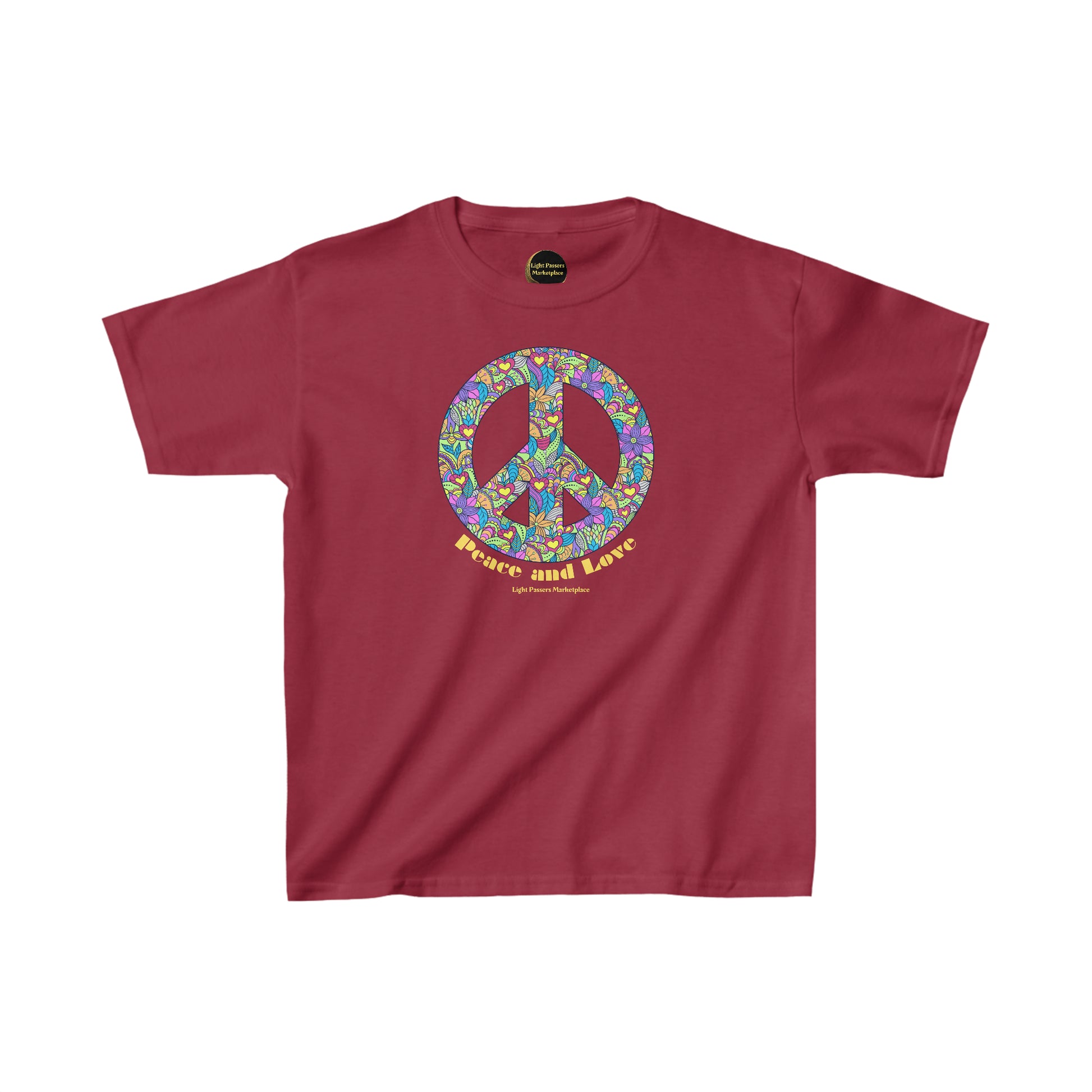 Youth heavy cotton t-shirt featuring a peace sign with flowers design. 100% cotton fabric, twill tape shoulders, ribbed collar, no side seams. Ethically made in the US.