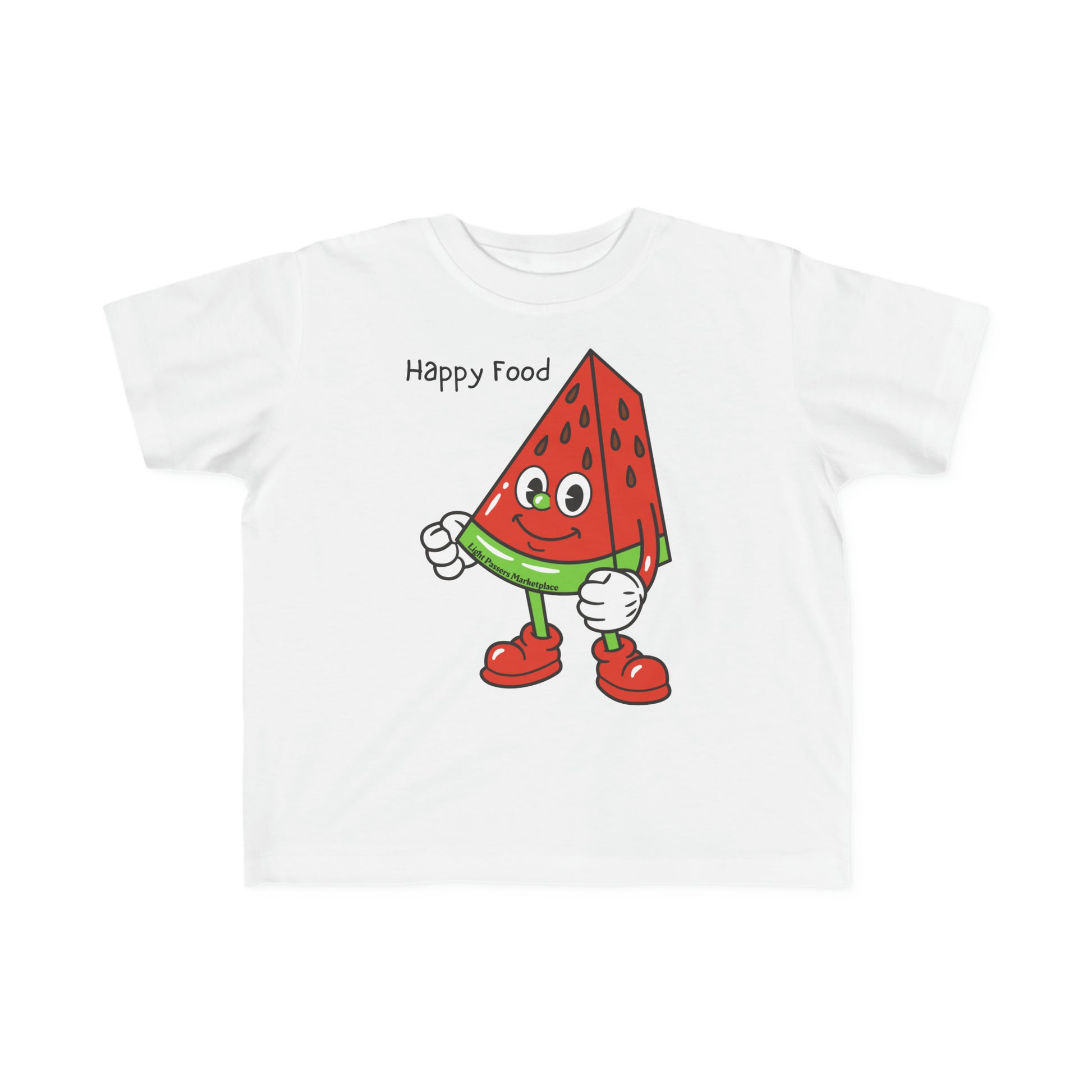 A toddler's white tee featuring a cartoon watermelon character, ideal for sensitive skin. Made of 100% combed cotton, light fabric, durable print, tear-away label, and a classic fit.