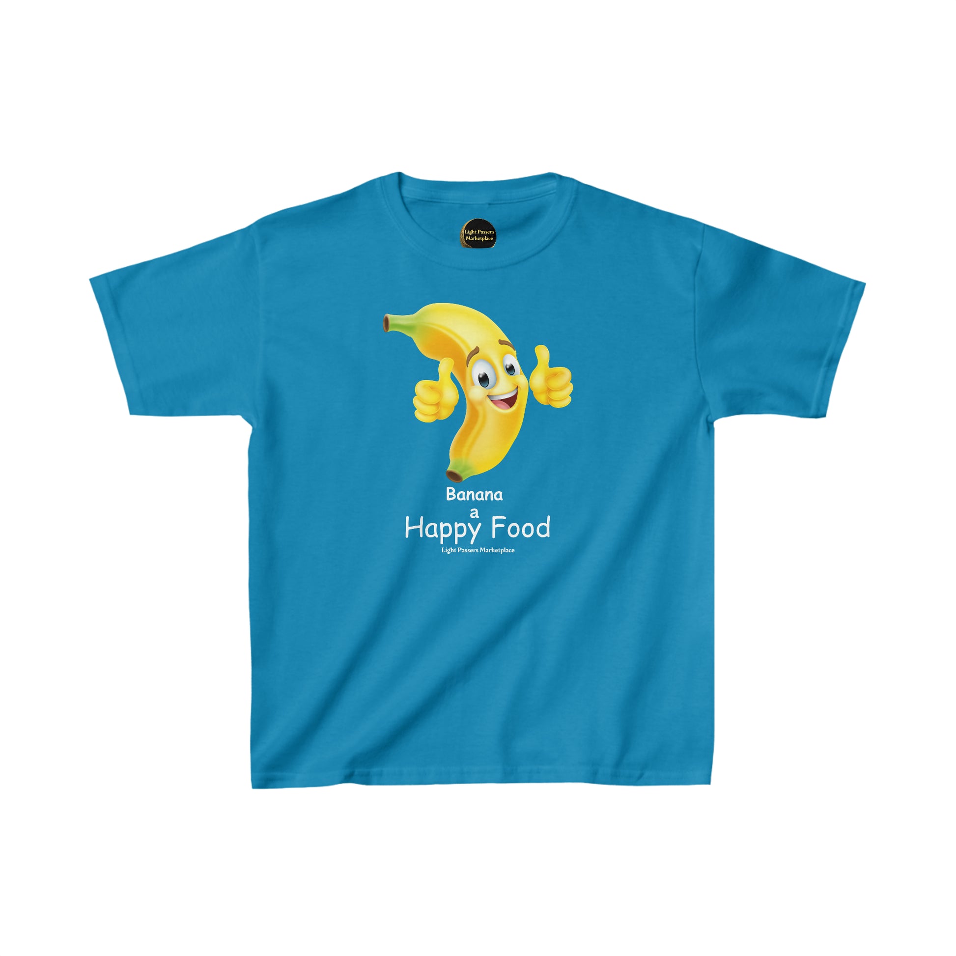 Youth blue t-shirt featuring a cheerful cartoon banana design, ideal for everyday wear. Made with 100% US cotton, twill tape shoulders, and ribbed collar for durability and comfort.